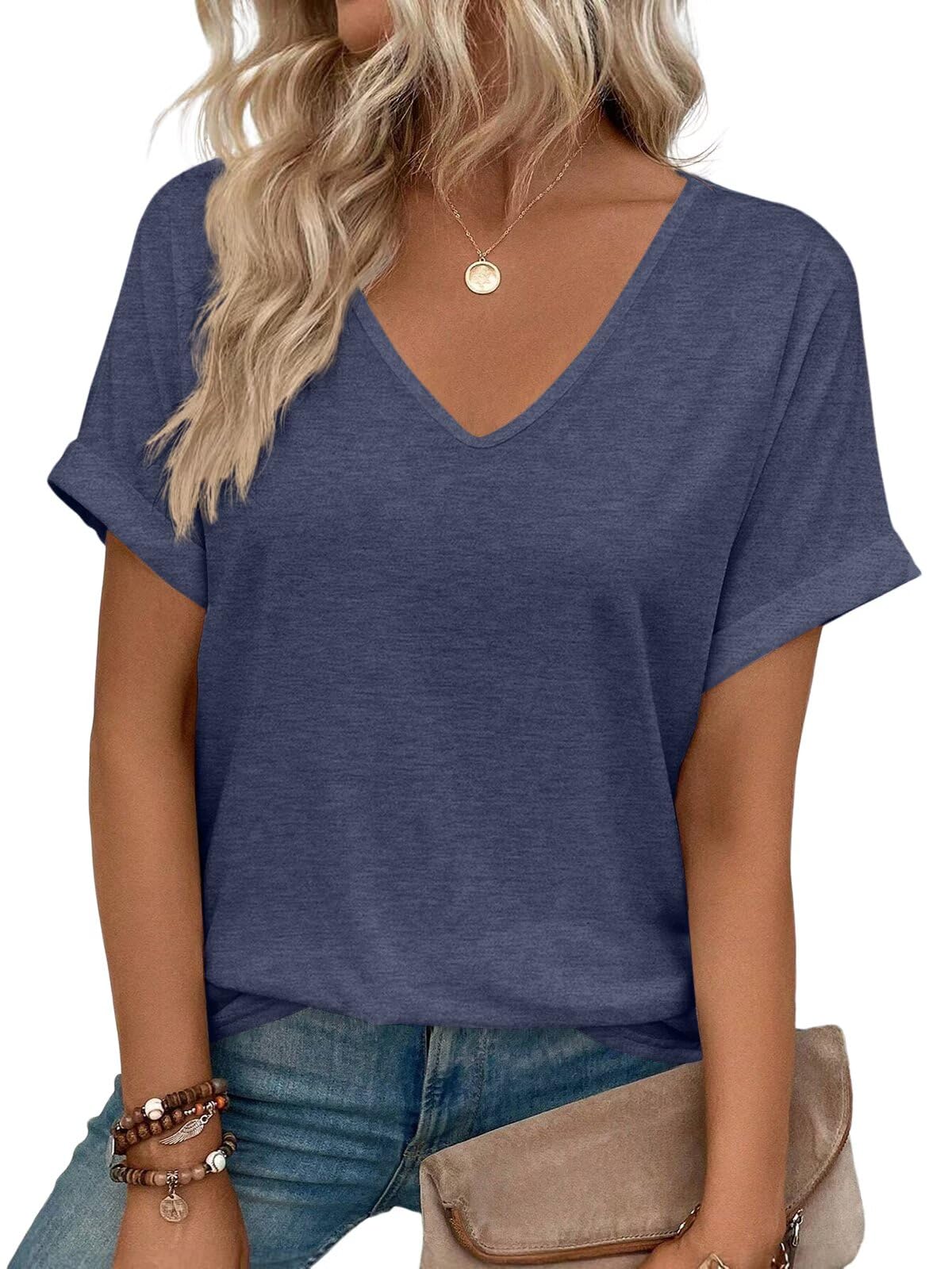 EADINVE Womens V Neck Rolled Sleeve T Shirts Curved Hem Short Sleeve Tops Summer Trendy Tees Loose Fit Tunic Shirts 2026