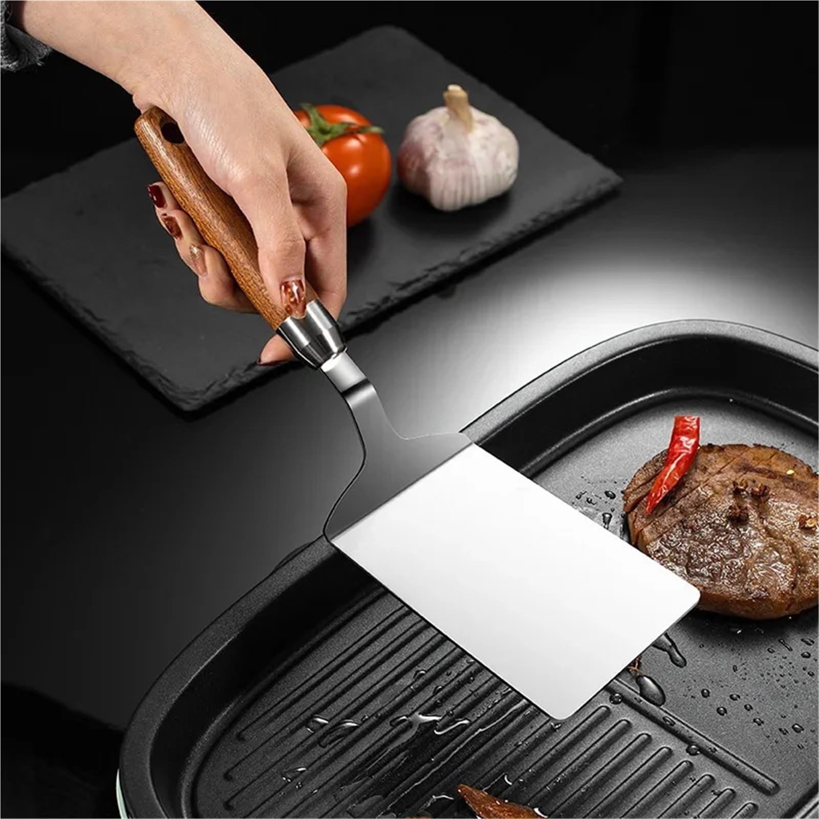 2 Stück Edelstahl-Steak-Kochspatel mit quadratischem Kopf Für Küchen Und Schränke | Pizzaschaufel, Pfannkuchen, Rindfleischwender, Schaber, Holzgriff, Grillutensilien for die Küche