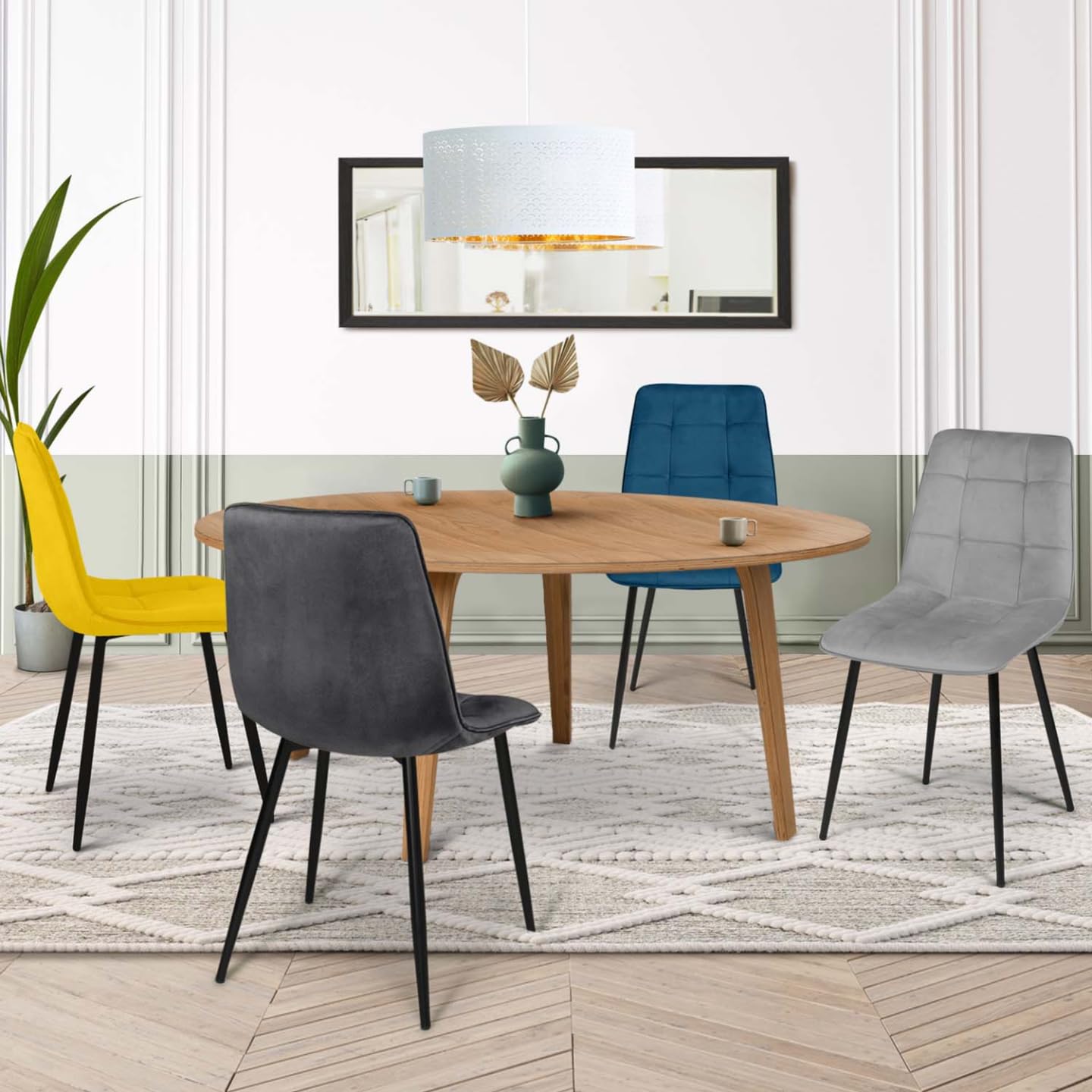 IDMarket - Juego de 4 sillas Mila de terciopelo Mix Color Azul, Gris Claro, Gris Oscuro, Amarillo