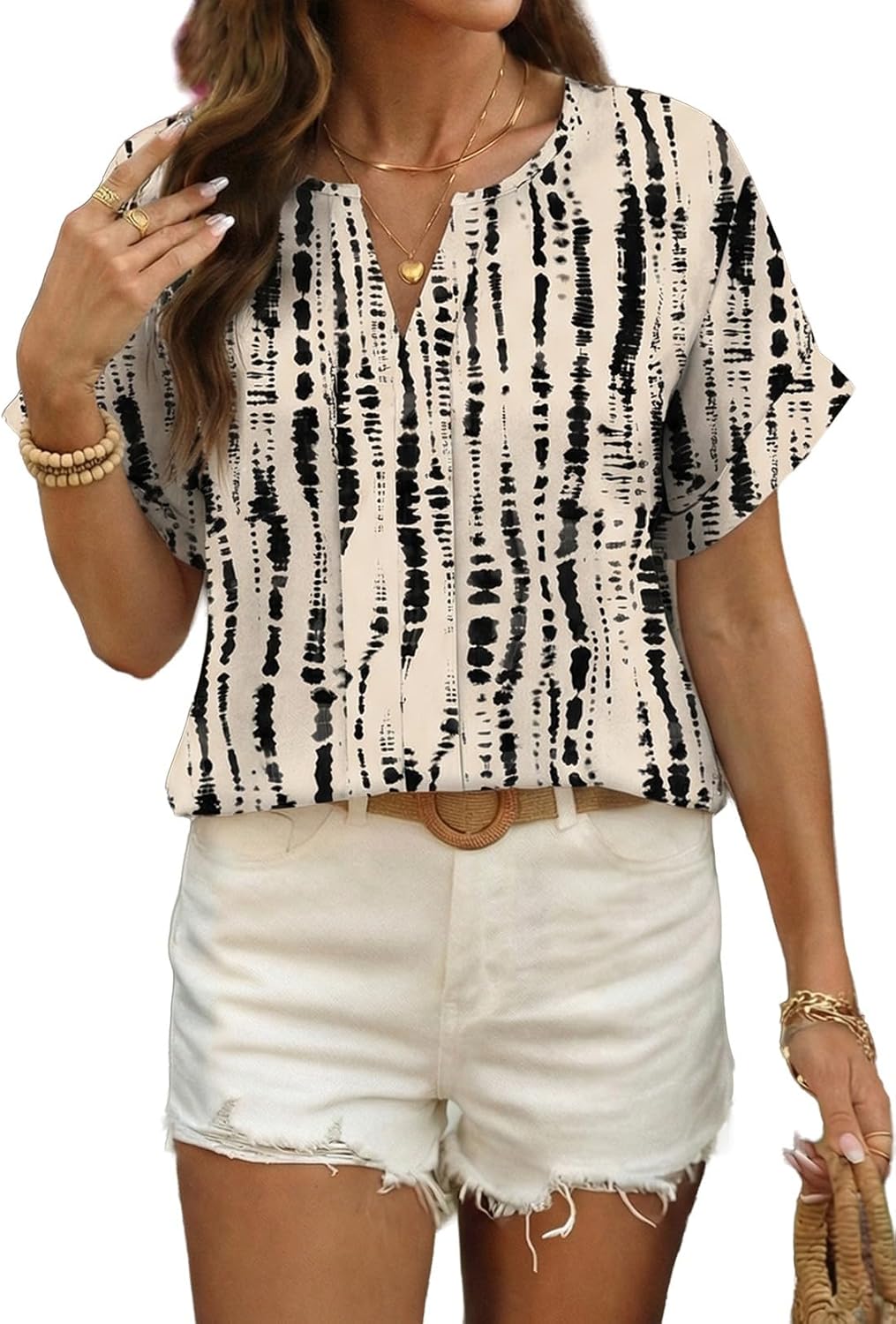 SHEWIN Women's Summer Casual V Neck Allover Print Tops American Vintage Texture Short Sleeve Boho Vacation Blouses Shirts