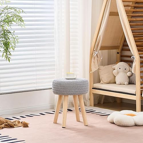 Miniatura 4 de Wimarsbon Puf otomano, reposapiés bohemio de punto 100% algodón, reposapiés redondo con patas de madera antideslizantes, decoración del hogar, puf