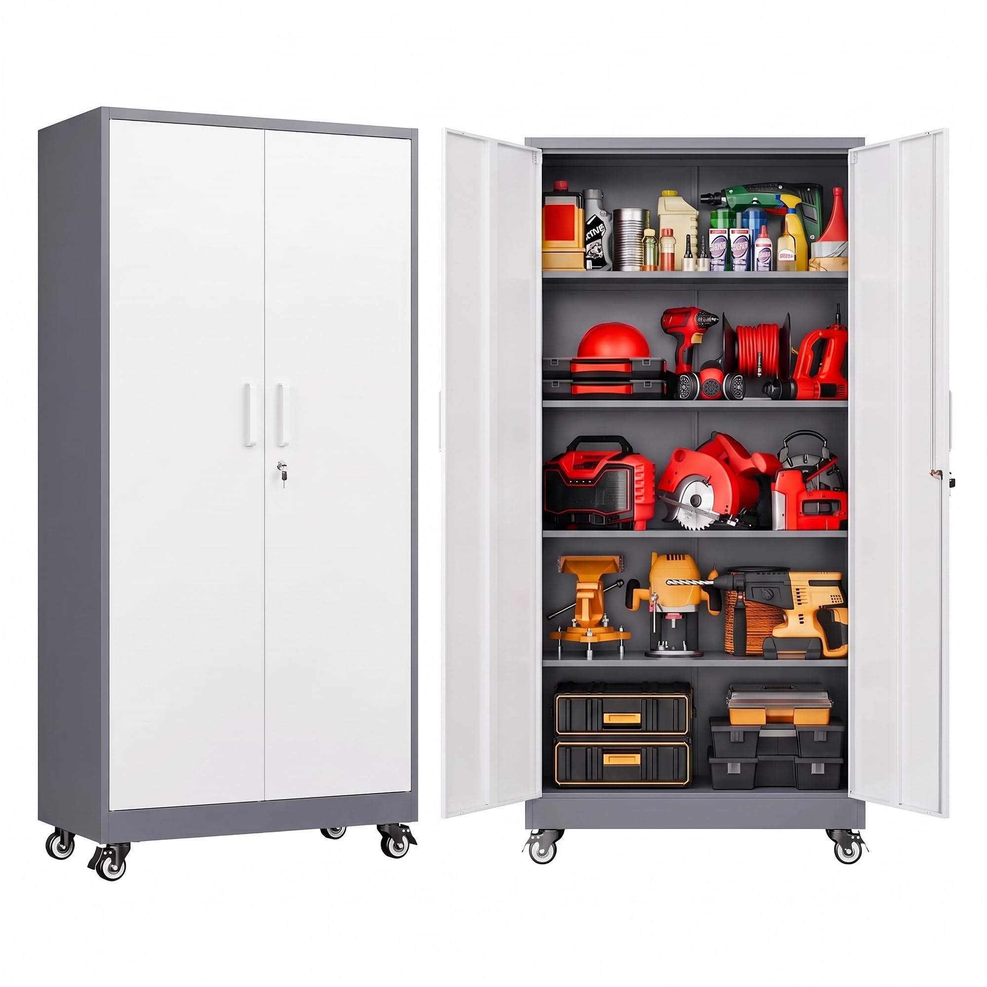 SISESOL 75" Tall Gray White Metal Storage Cabinet with Wheels and Shelves