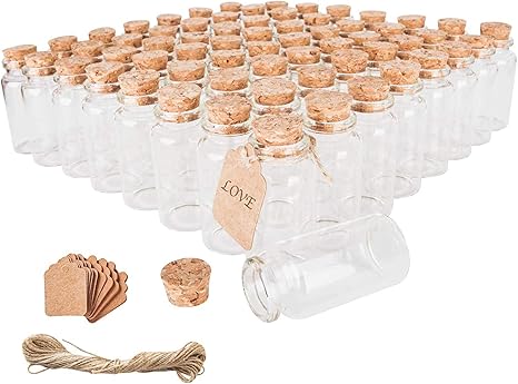 64PCS 30ml Cork Stoppers Glass Bottles, Small Jars With Personalized Label Tags and String, Mini Bottles Of Candy, Wedding Favors For Guests, Set of 64