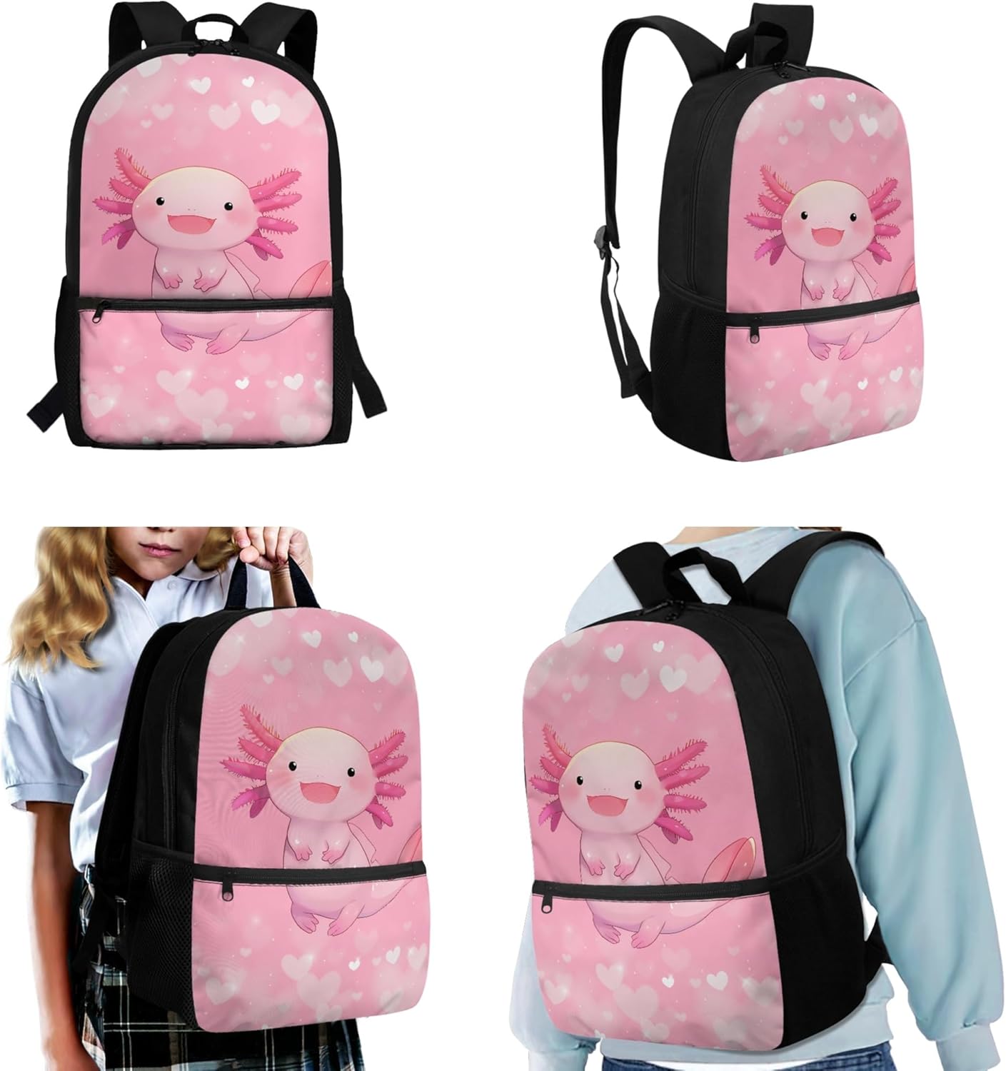 CLOHOMIN Axolotl Backpack for 3rd Grade Girls with Lunch Box Elementary/Middle School Bag and Lunch Bag Pencil Box Pink Children Bookbag Set with Lunchbox, 3 in 1