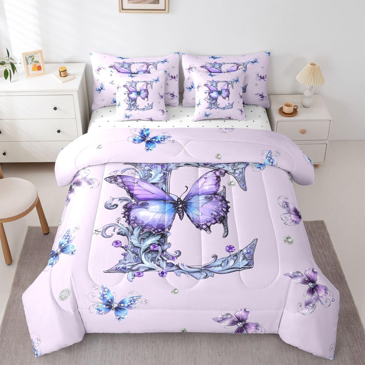 7 Pcs Purple Butterfly Bedding Set with Sheets Twin Aesthetics Letter E Comforter Set for Girls Kids Women Coquette Room Decor Pastel Lavender Bed in A Bag Glitter Diamond Print Bed Sets