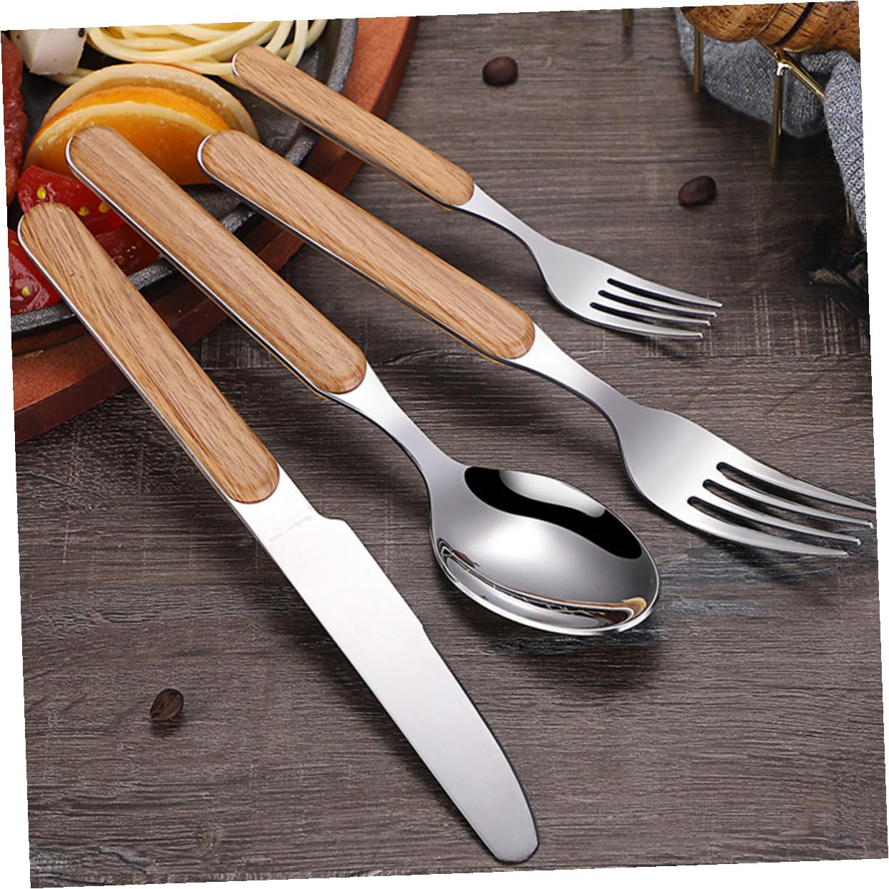 4pezzi Posate Stile Retrò Pz Forchetta Coltello Cucchiaio Manico Legno Lucidato Bordi Ergonomici Resistente