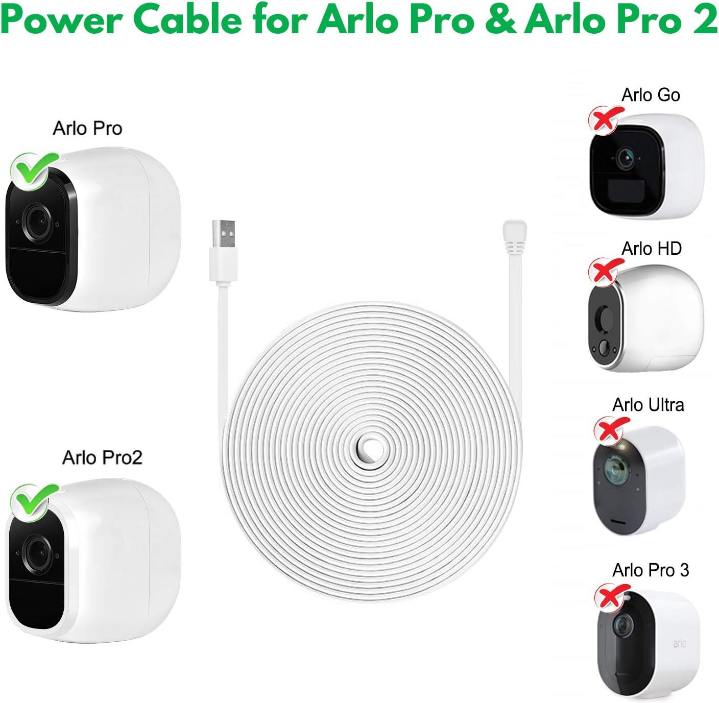 3Pack 30FT Weatherproof Outdoor Power Cable for Arlo Pro and Arlo Pro 2, with Quick Charge 3.0 Power Adapter Charger Continuously Charging Your Camera (White)