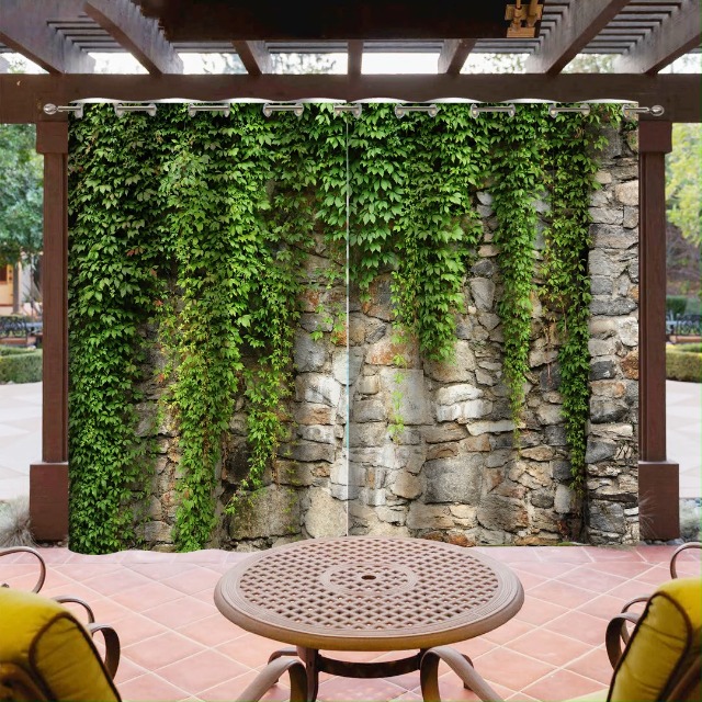 2 Rideaux Extérieur Linfye Imperméables 132x213cm - Pergola, Terrasse, Jardin, Motif 3D Vert