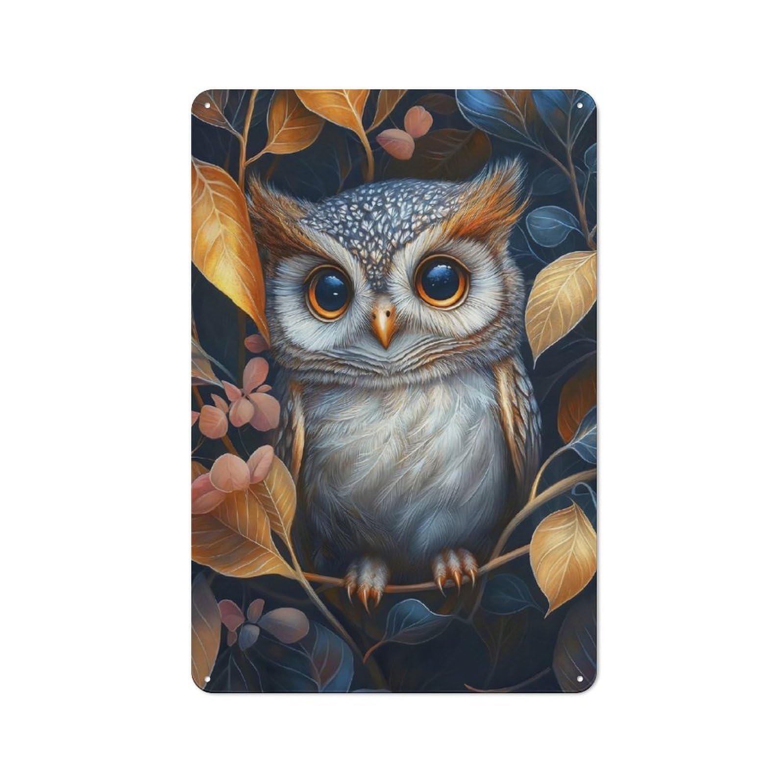 Junmoney Owl In Autumn Leaves Vintage Metal Wall Decor 30X20cm, Garage Metal Sign For Workshop, Basement, Shed Or Games Room