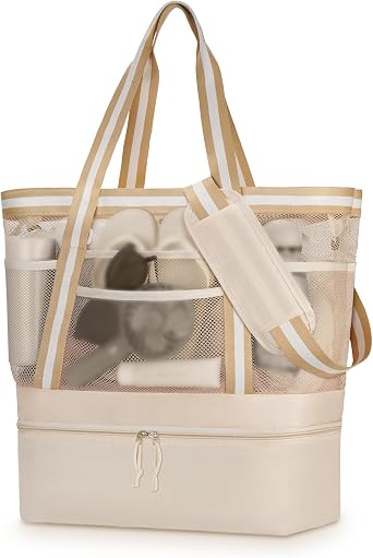 WOOMADA Beach Tote Bag With Cooler, Large Mesh Beach Bags for Women with Wet Pocket, Pool, Swim, Travel EssentialsBeige