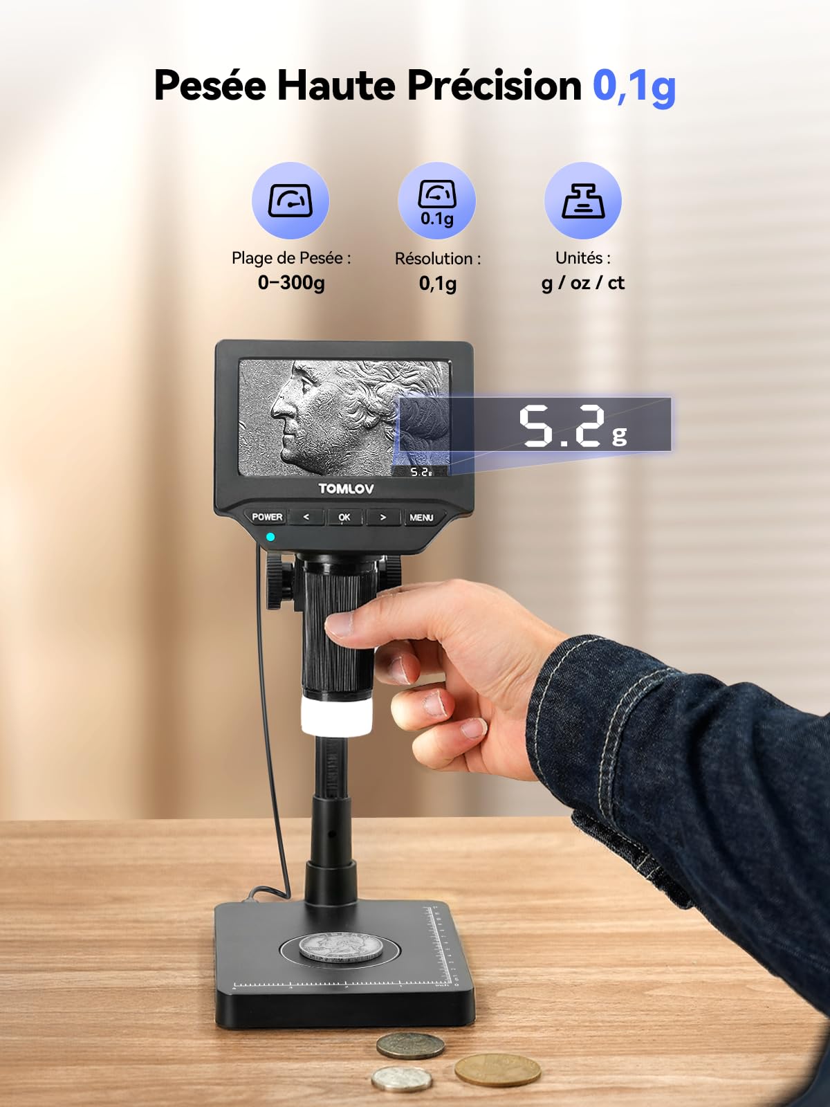 TOMLOV DM4W Microscope Numérique avec Balance: Microscope à Pièces avec 4,3" IPS Écran, Loupe pour Pièces avec Lumière, Balance Précise pour Collectionneurs, Bijoutiers, Compatible PC/Mac
