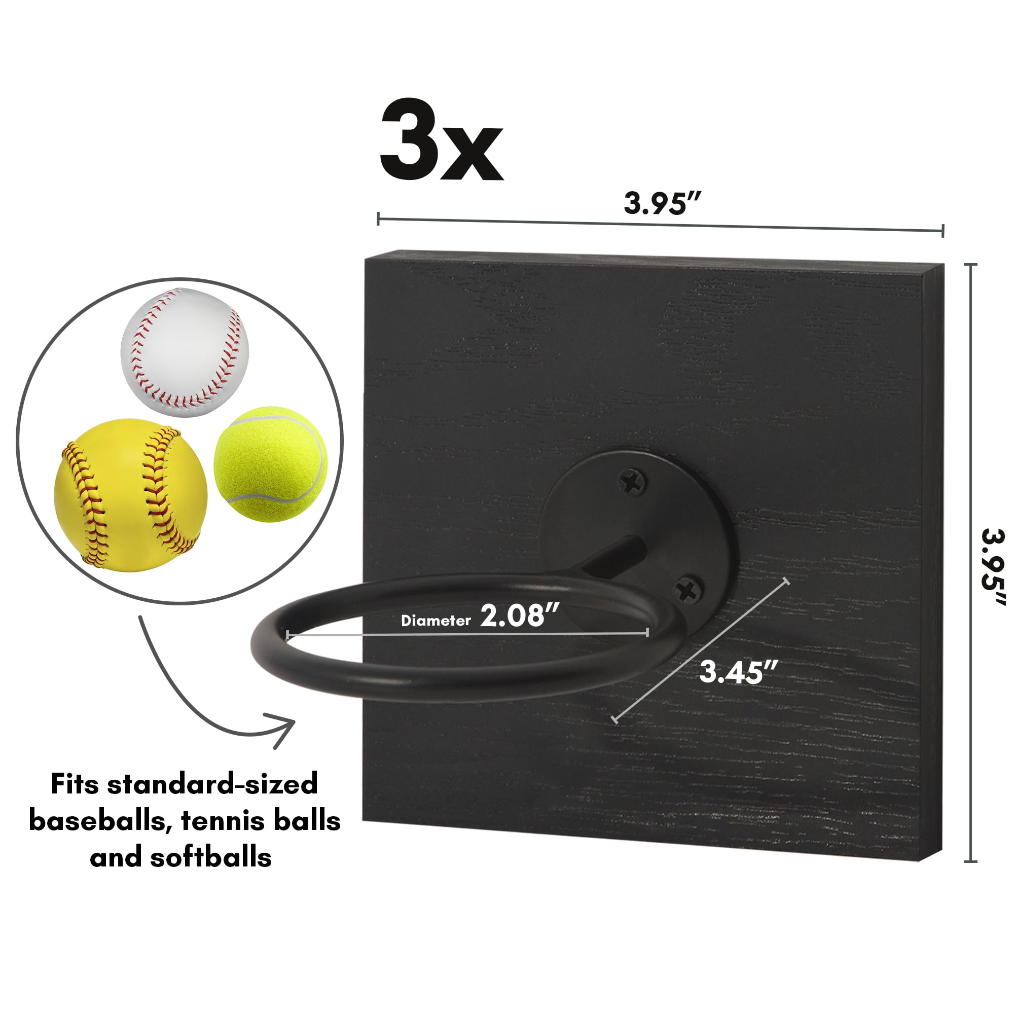 Americanflat Baseball Display for Wall Set of 3 - Ideal for Tennis Ball, Softball and Baseball - Space-Saving Sports Ball Organizer for Kids Room, Office, Gym, Bedroom - All-Star Collection - Black