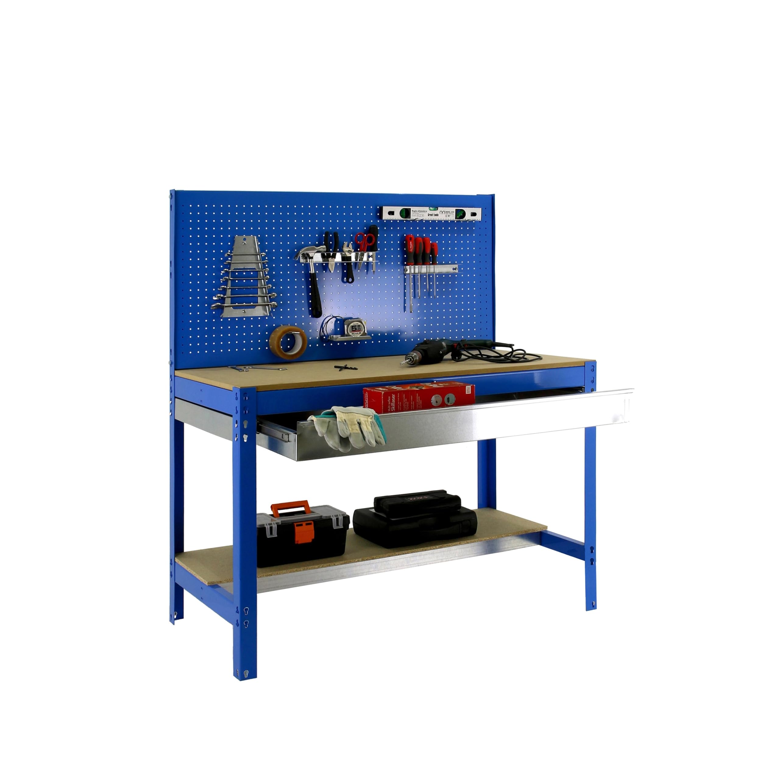Simon Rack Banco da lavoro per officina, capacità di carico 600 kg, 1445x1210x610 mm, Pannello Forato, Tavolo da lavoro fai da te, Blu/Legno - BT2