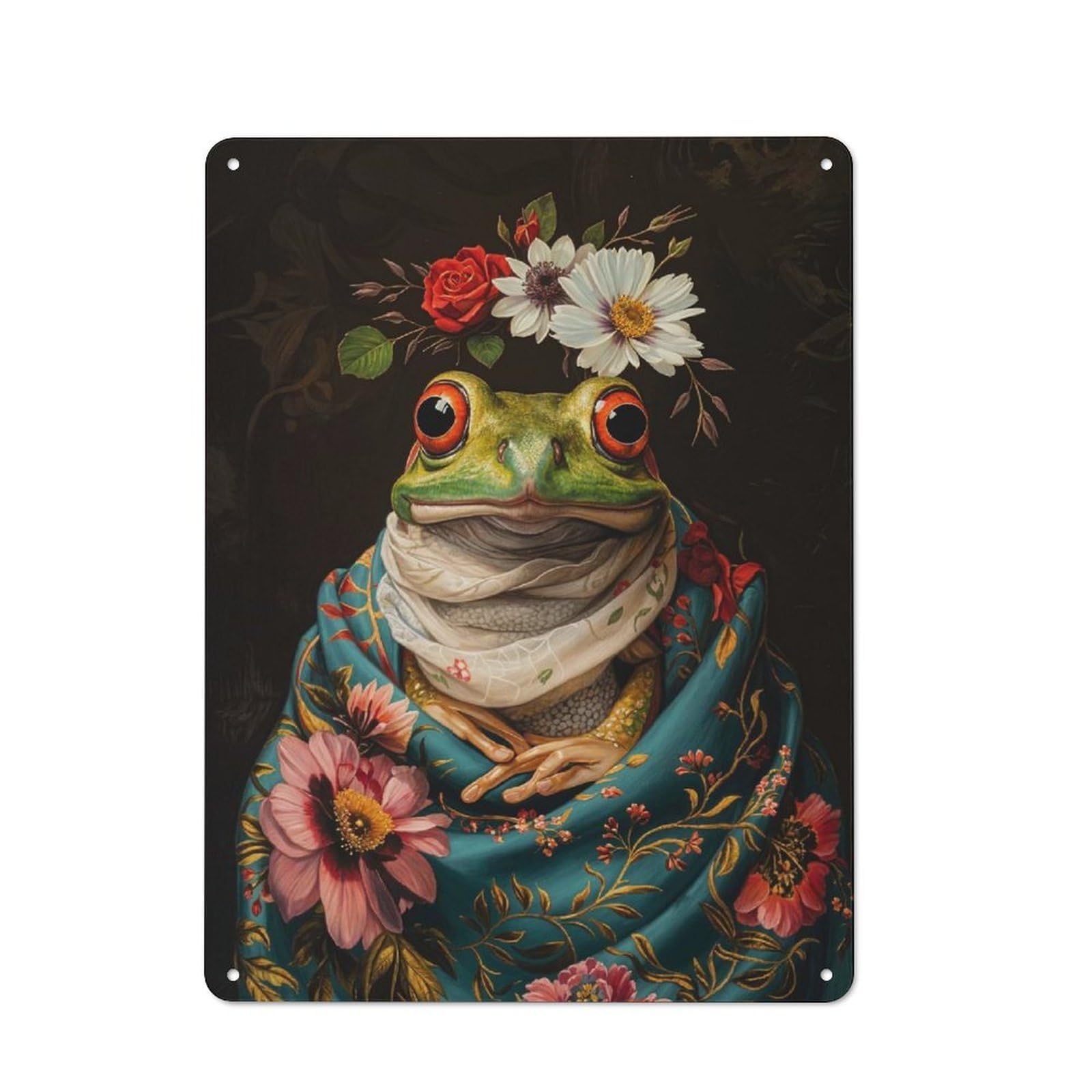 Vintage Frog with Flowers Decorative Metal Plaque 40x30cm, Garden Room Wall Plaque for Shed, Garden Room, Porch Or Garage