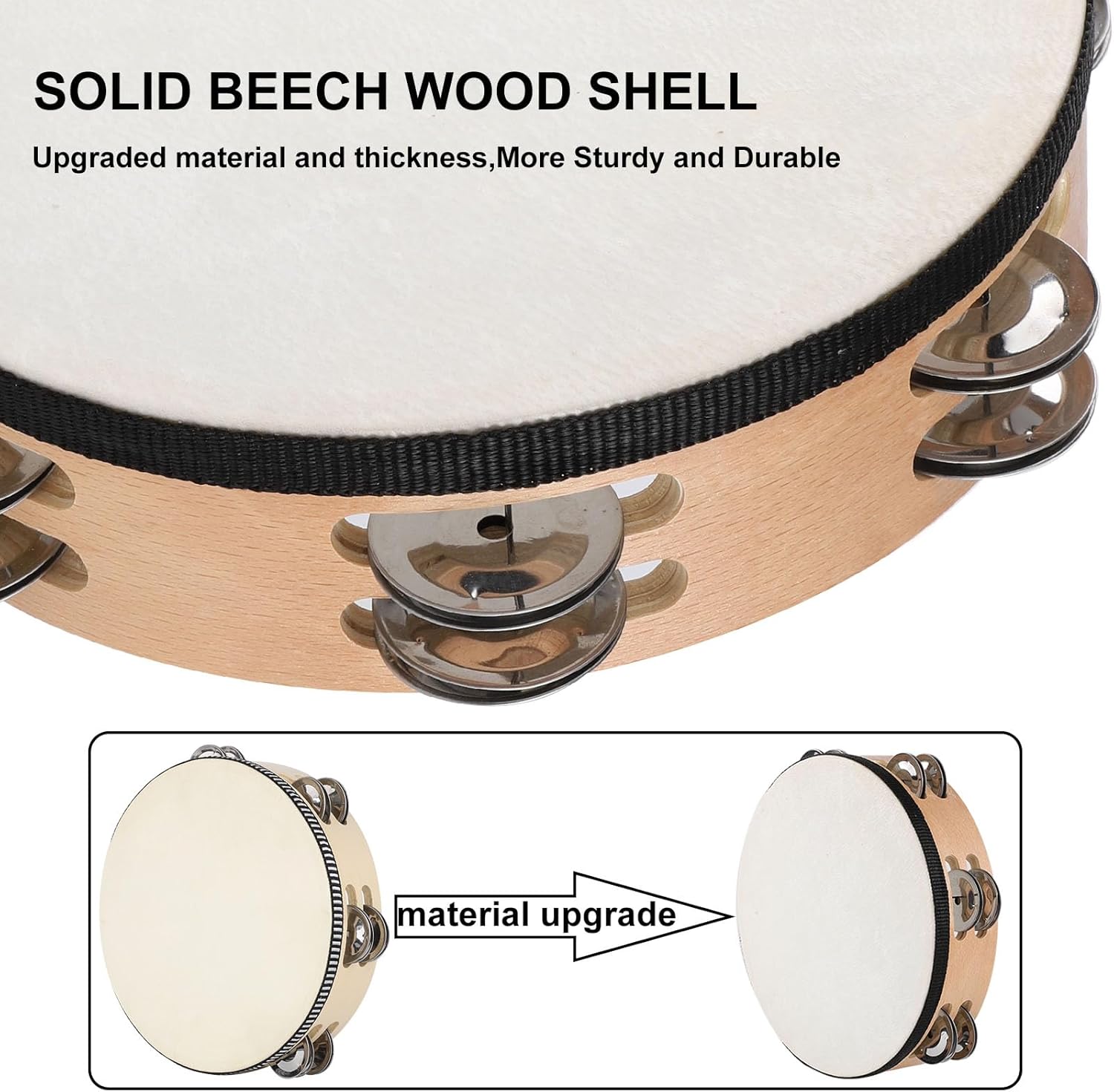 LIEKE Tambourine 10 Inch & 8 Inch Goatskin Drumhead Beechwood Hand Held Drum Tambourines for Adults kids with 8 Pairs Metal Jingles for Music Classroom Dance Party Church Game Props