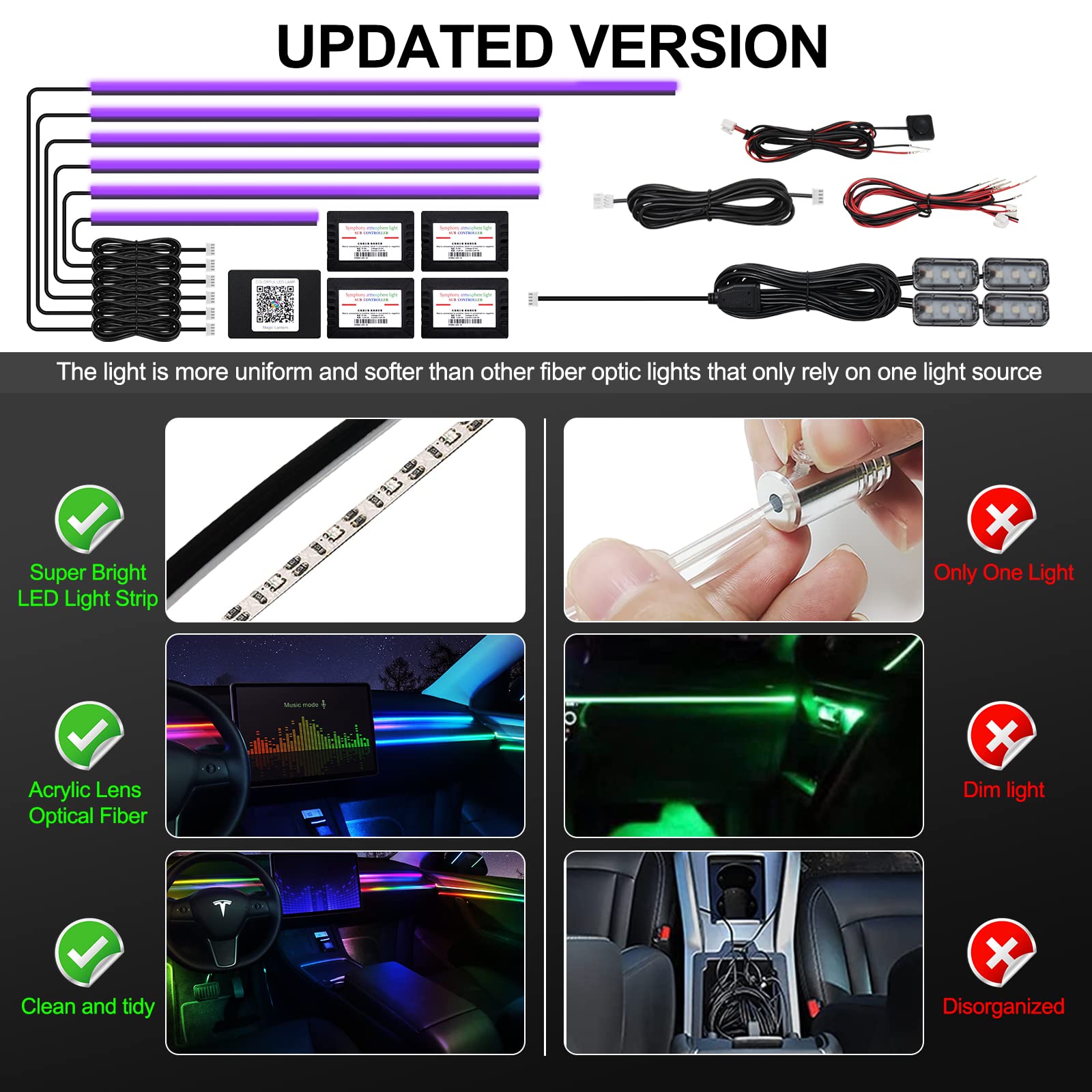 Tira de luces LED para interior de coche con aplicación inalámbrica, RGB 10 en 1 con 175 pulgadas, 593 LED de fibra óptica, 16 millones de colores, sincronización a función musical, tira LED para