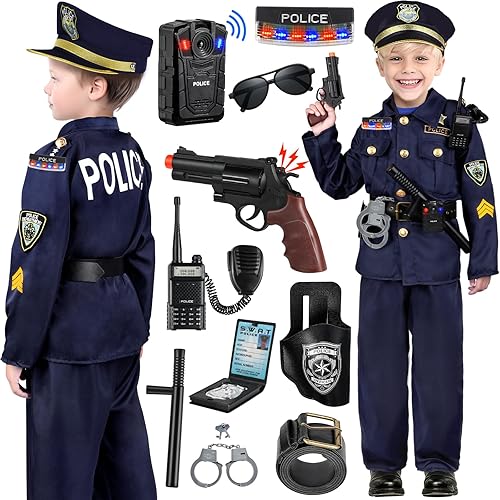 Tepsmigo Disfraz de oficial de policía para niños, disfraz de policía para niños con uniforme de policía, grabadora, luces de hombro, disfraces de