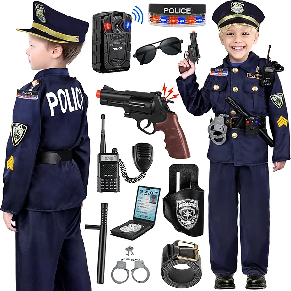 Tepsmigo Police Officer Costume for Kids With Uniform, Recorder, Shoulder Lights - Halloween Role Play Kit for Boys Girls