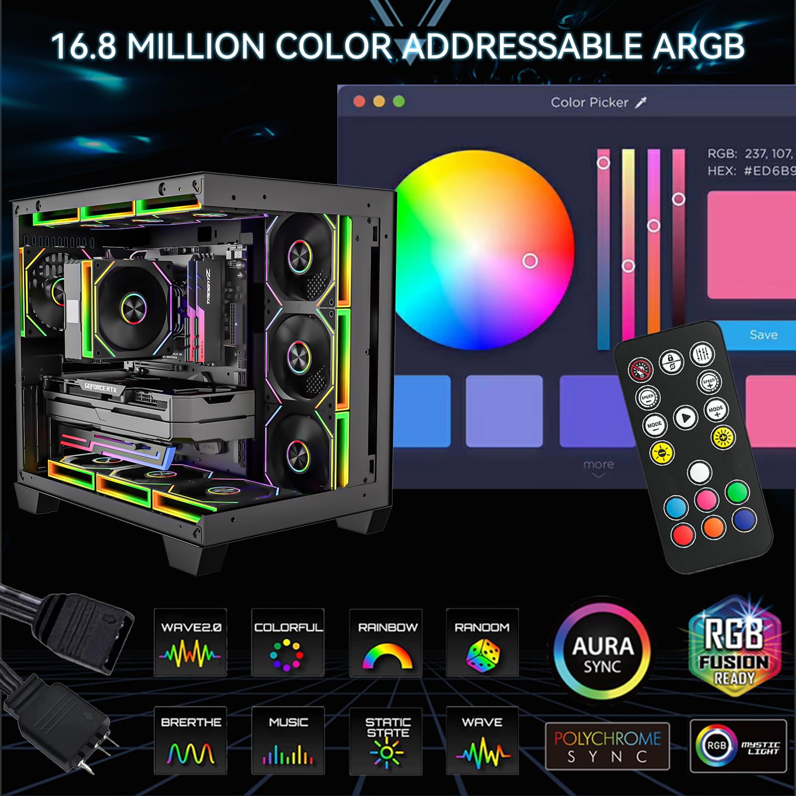 FB120 - Confezione da 3 ventole ARGB per case PC, 120 mm, design senza fili, design a margherita, colori a specchio infinito da 16,8 m, con telecomando, controllo della velocità PWM, flusso