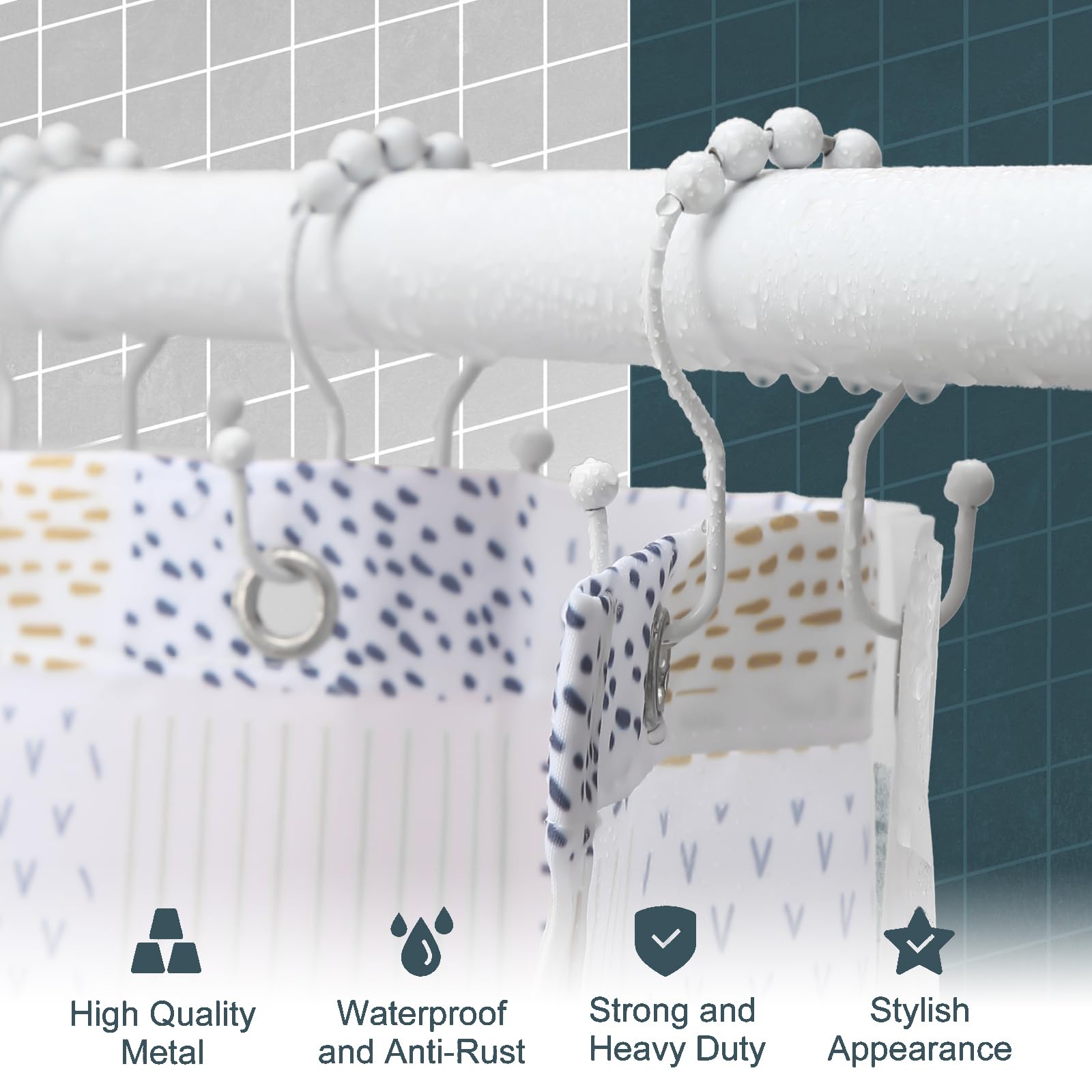 OEH – Lot de 12 crochets de rideau de douche en métal antirouille, anneaux de rideau de douche en métal antirouille, crochets doubles pour rideau de douche, blanc