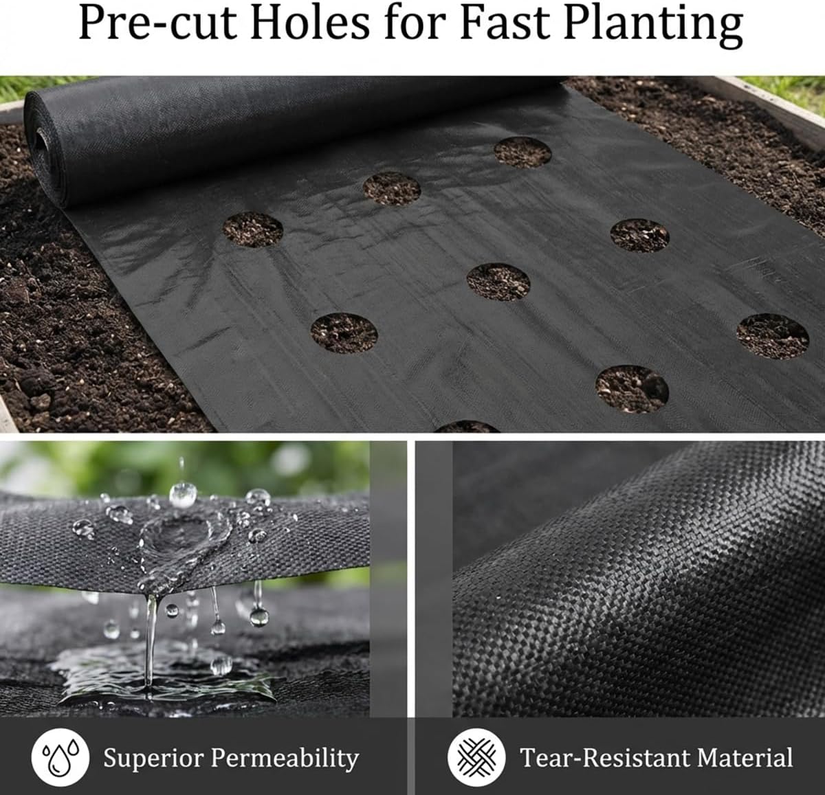 gardtree 4ftx100ft Two Line Planting Holes Weed Barrier Landscape Fabric, 3.2oz Woven Geotextile Weed Control Cloth Mat for Eggplant, Cucumber, Tomato, Pepper,etc..
