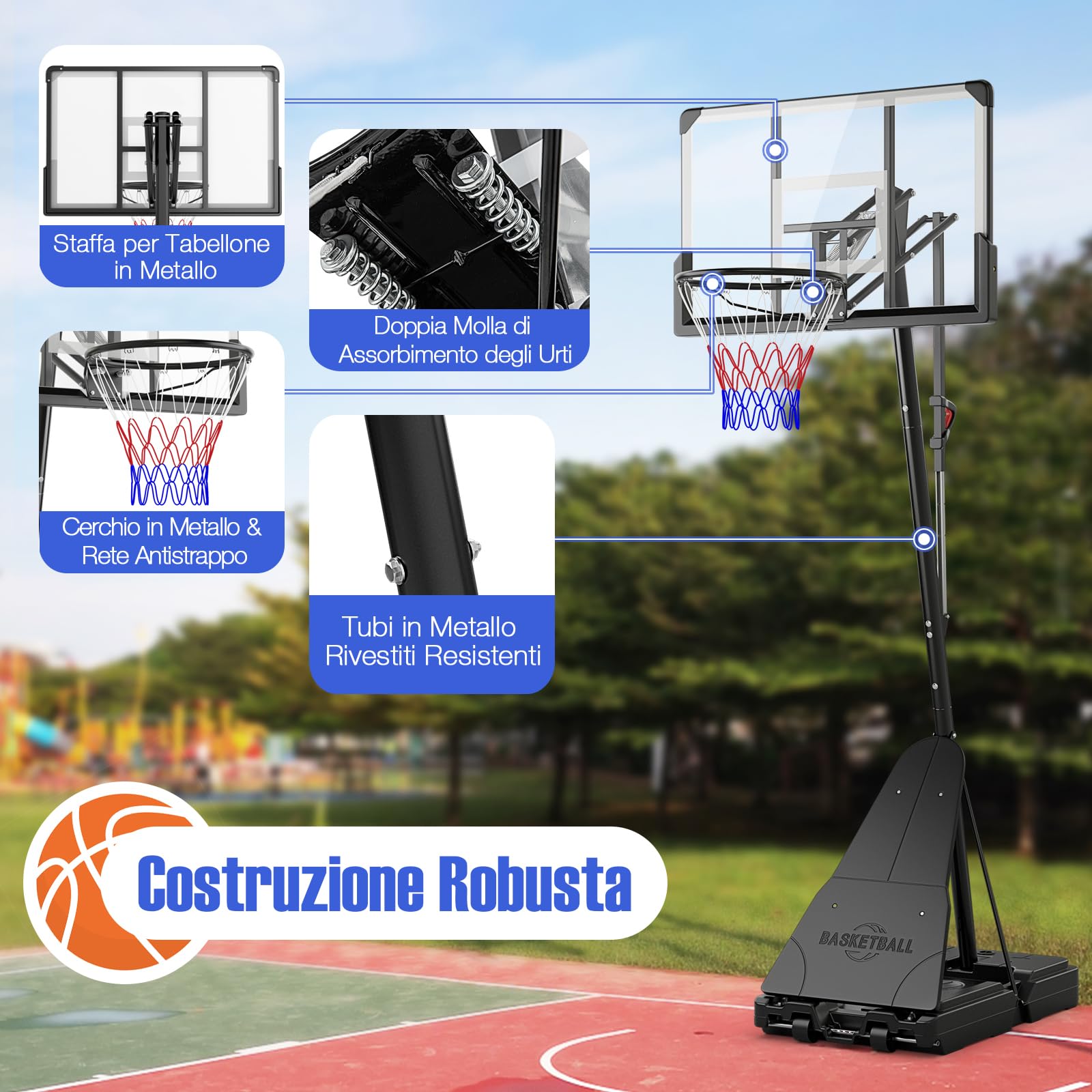 GYMAX Sistema di Canestro da Basket da Interno ed Esterno, Canestro Basket con Tabellone in PC Antirottura Infrangibile 112 Cm, Base Riempibile e Ruote, Canestro Regolabile in Altezza da 1,5-3,05 m