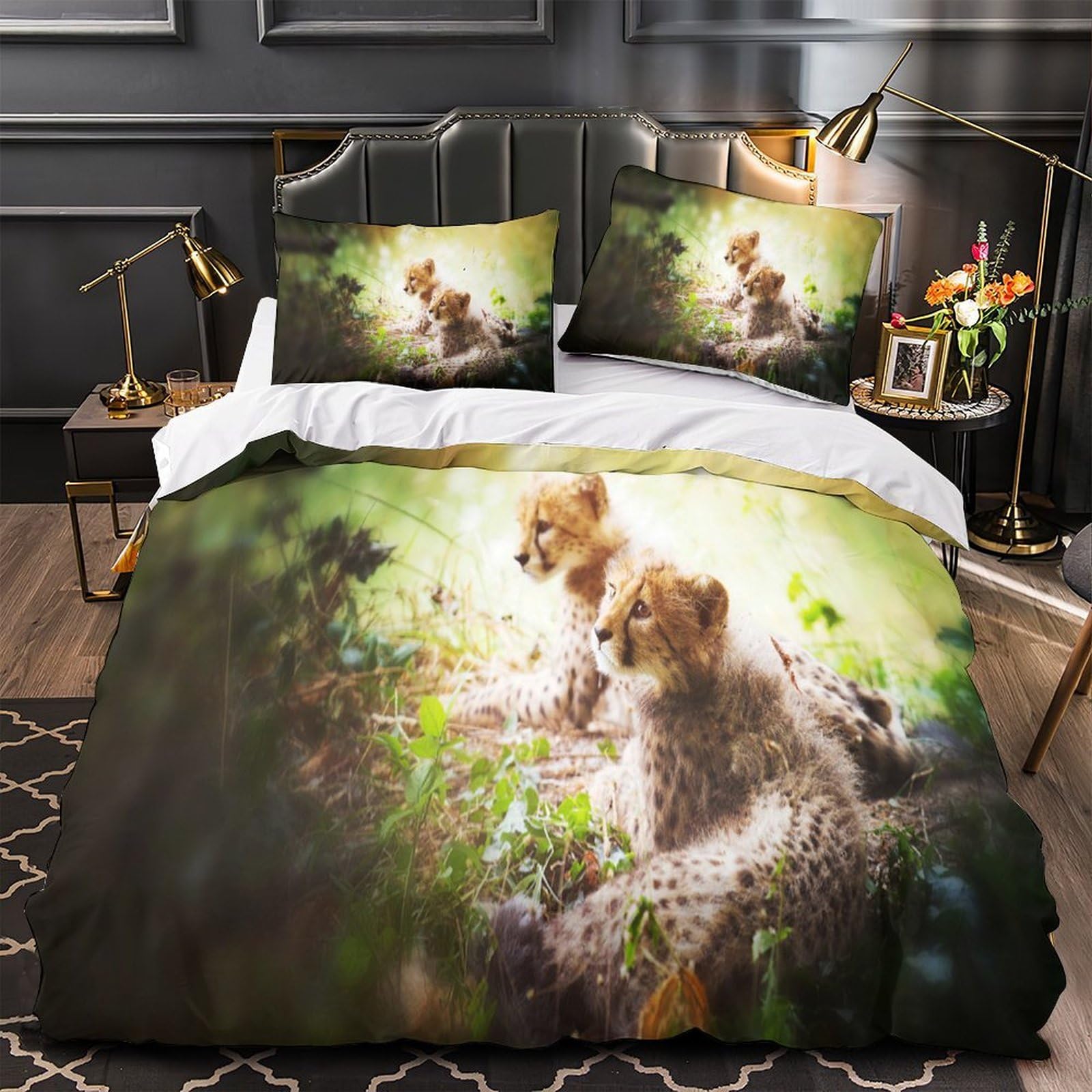 Cheetah Cubs Quilt Cover 3D Design Printed Super Soft 3 Pcs Bedding Set Zipper Wildlife Photography_1 Comforter Cover Ultra Soft Hypoallergenic for Kids Adults Women Teens Youth Single（135x200cm）
