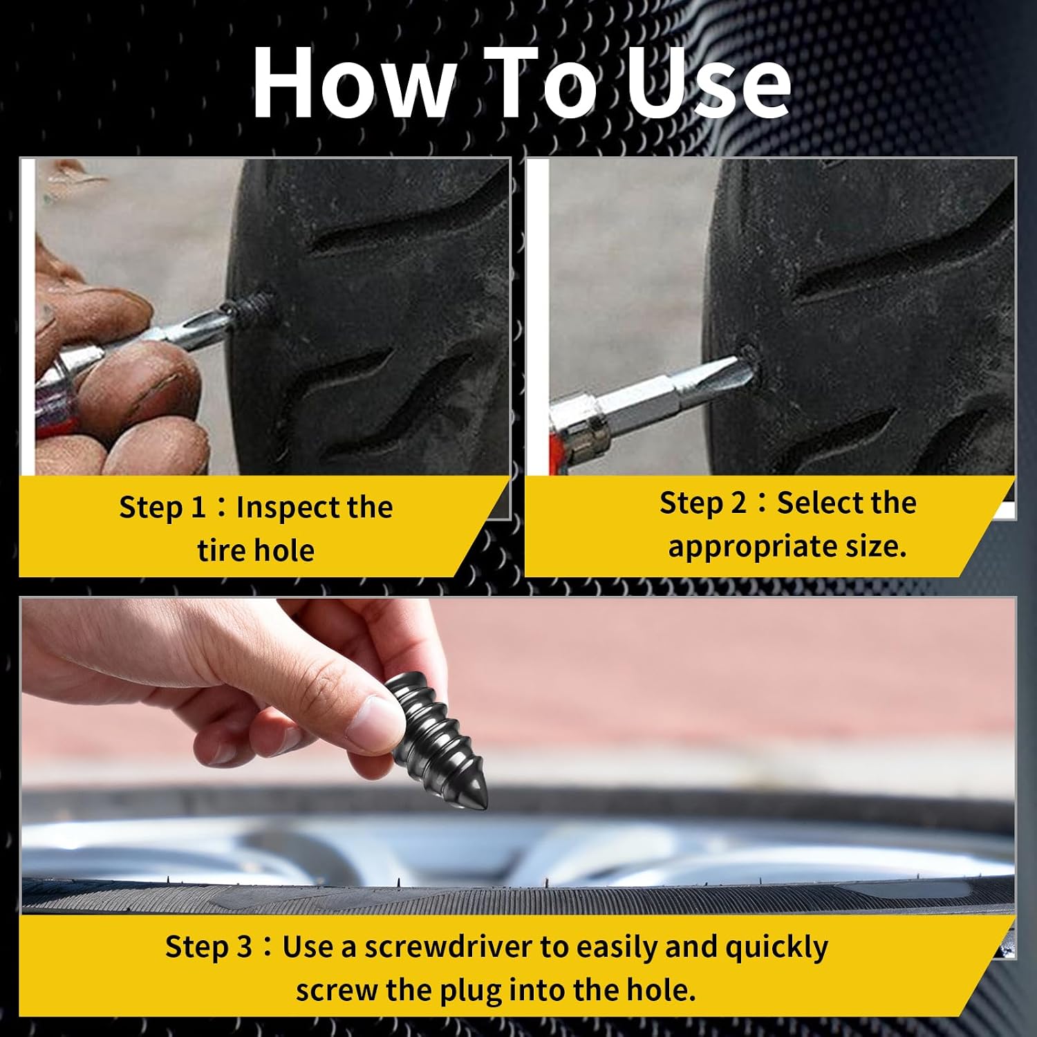 40pcs Tire Repair Rubber Nails Screws Kit,Screw in Tire Repair Plugs Screwdriver with 2 Sizes,Self Sealing Rubber Flat Vacuum Tire Screw Plug Repair Mending Nail Kit for Car Motorcycle Truck Tractor