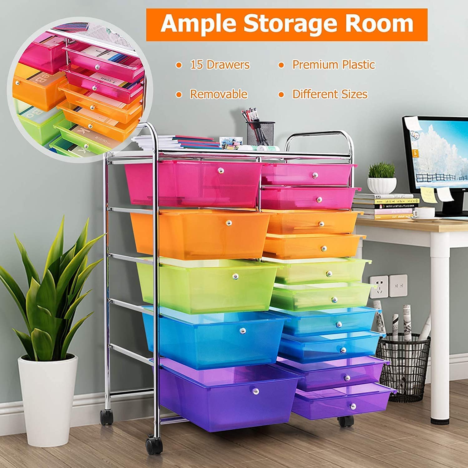 MEDIMALL 15 Drawers Rolling Storage Cart, Multipurpose Craft Storage Cart with Wheels, Mobile Tools Scrapbook Paper Organizer Cart for School Home Office Use (Rainbow)