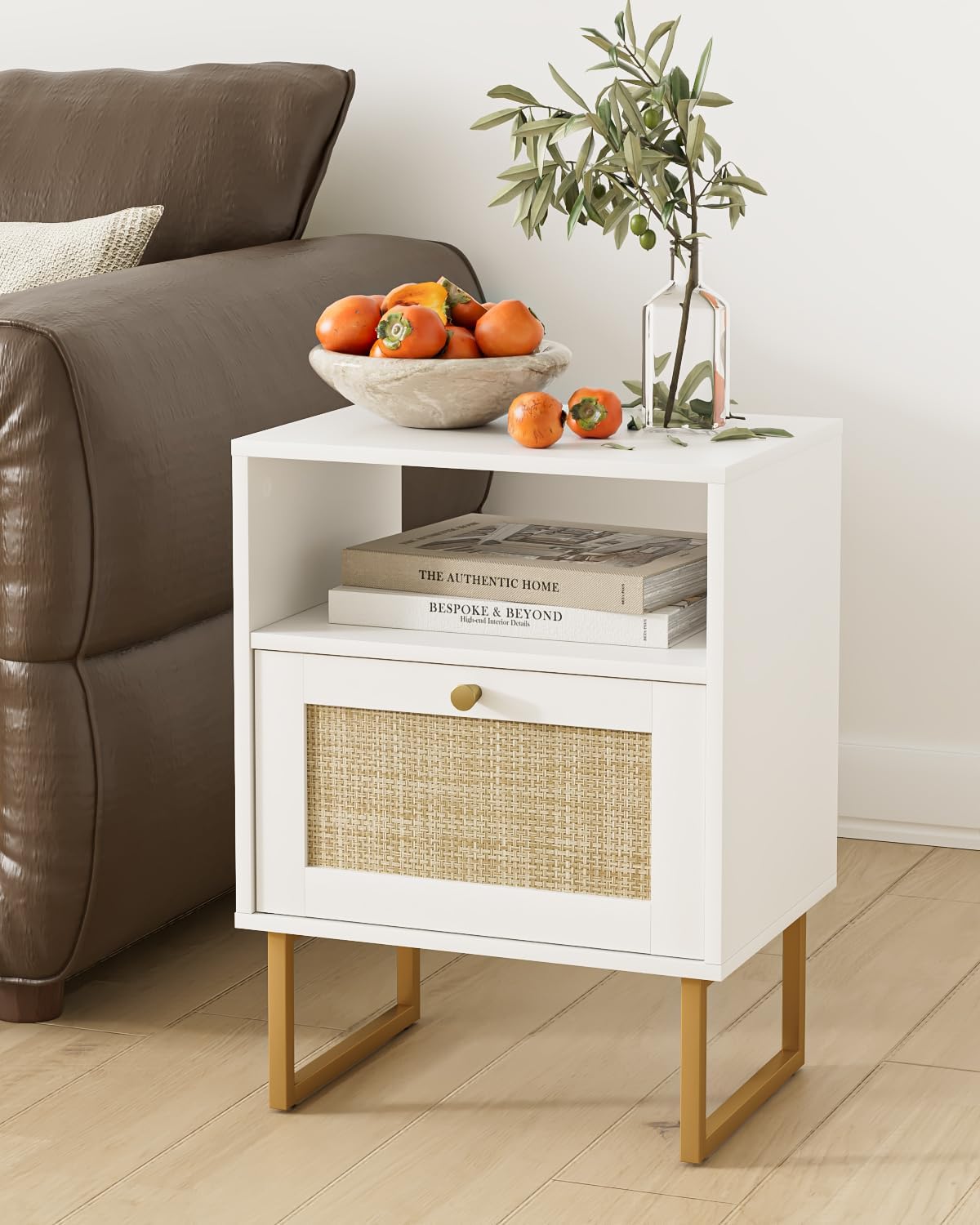 Rattan Nightstand, Boho Night Stand Farmhouse Wood Bedside Table with Storage and Open Shelf, End Side Accent Table for Bedroom,Living Room,White