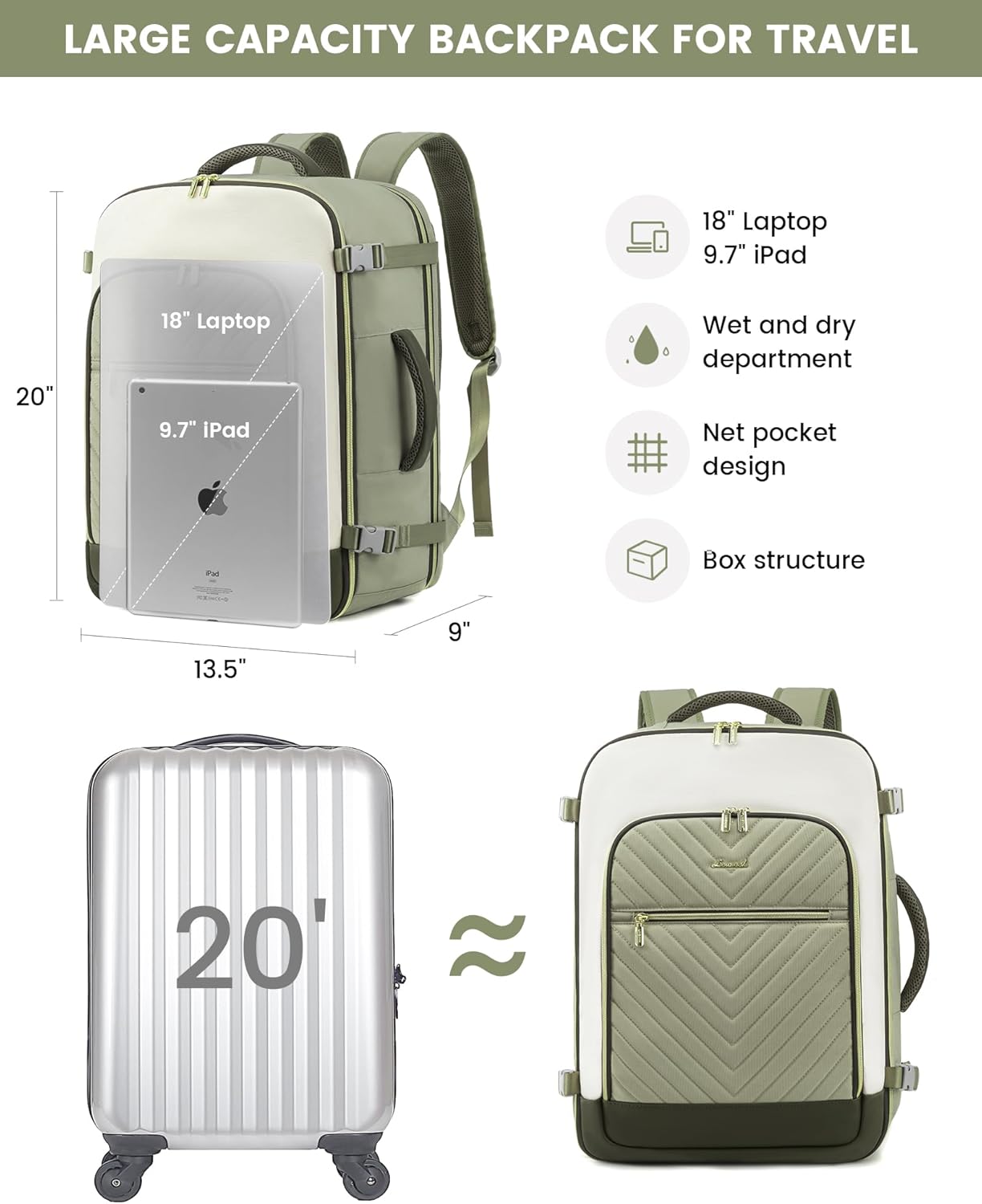 LOVEVOOK Large Travel Backpack for Women, TSA Carry on Backpack for Airplanes, 50L Personal Item Travel Bag for Women fits 17" Laptop,Waterproof Carry on Bag Airplane Approved with 3 Packing Cubes