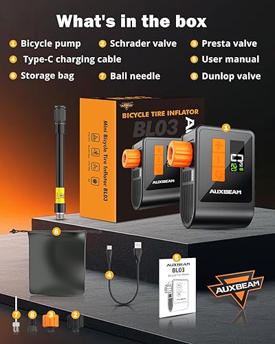 Miniatura 7 de Auxbeam Bomba de bicicleta pequeña con manómetro, bomba eléctrica de neumático de bicicleta de 120 PSI con válvula Presta y Schrader, bomba de aire