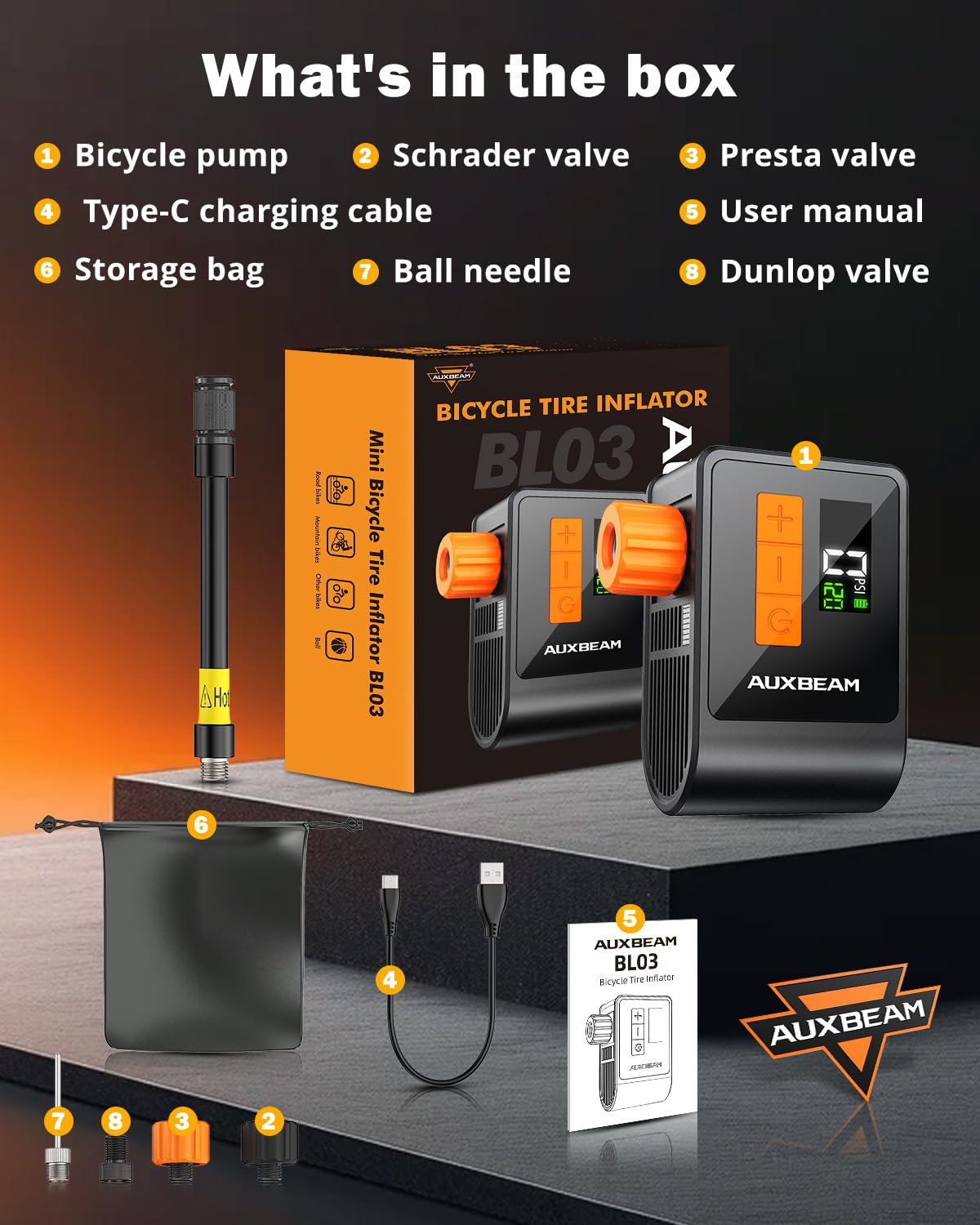 Auxbeam Bomba de aire para bicicleta