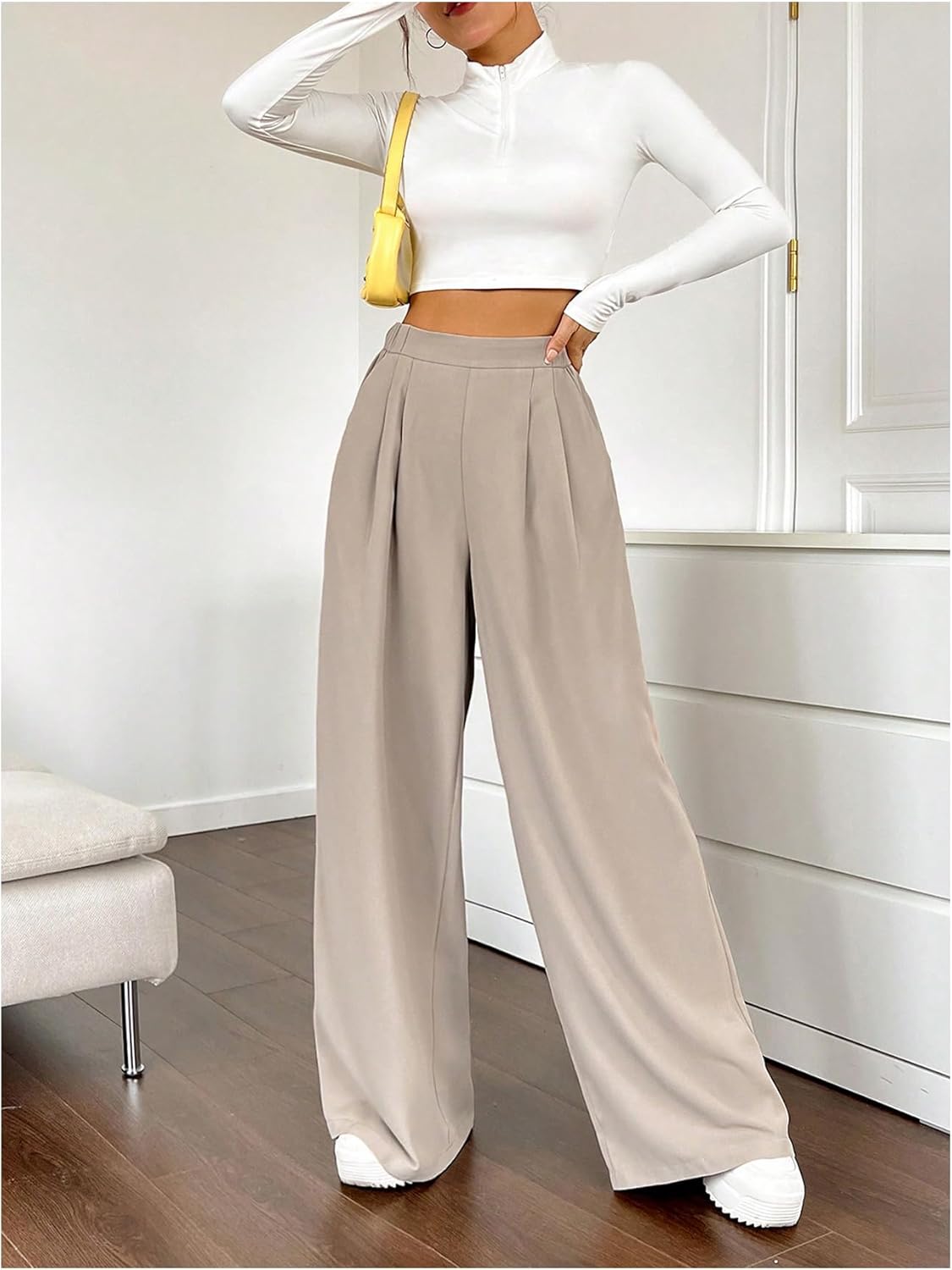 GORGLITTER Women's High Elastic Waist Dress Pants Wide Leg Pleated Gaucho Pants Casual Business Office Work Trousers - Image 5