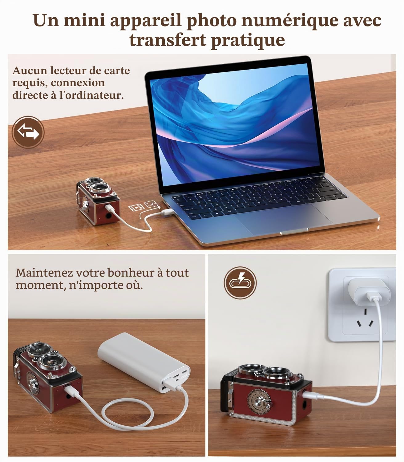 Mini Appareil Photo rétro Vintage 12 MP 1080P FHD Appareil Photo numérique TLR Mise au Point Automatique avec Carte mémoire 16 Go Appareil Photo Compact Portable pour Enfants, Adolescents, étudiants