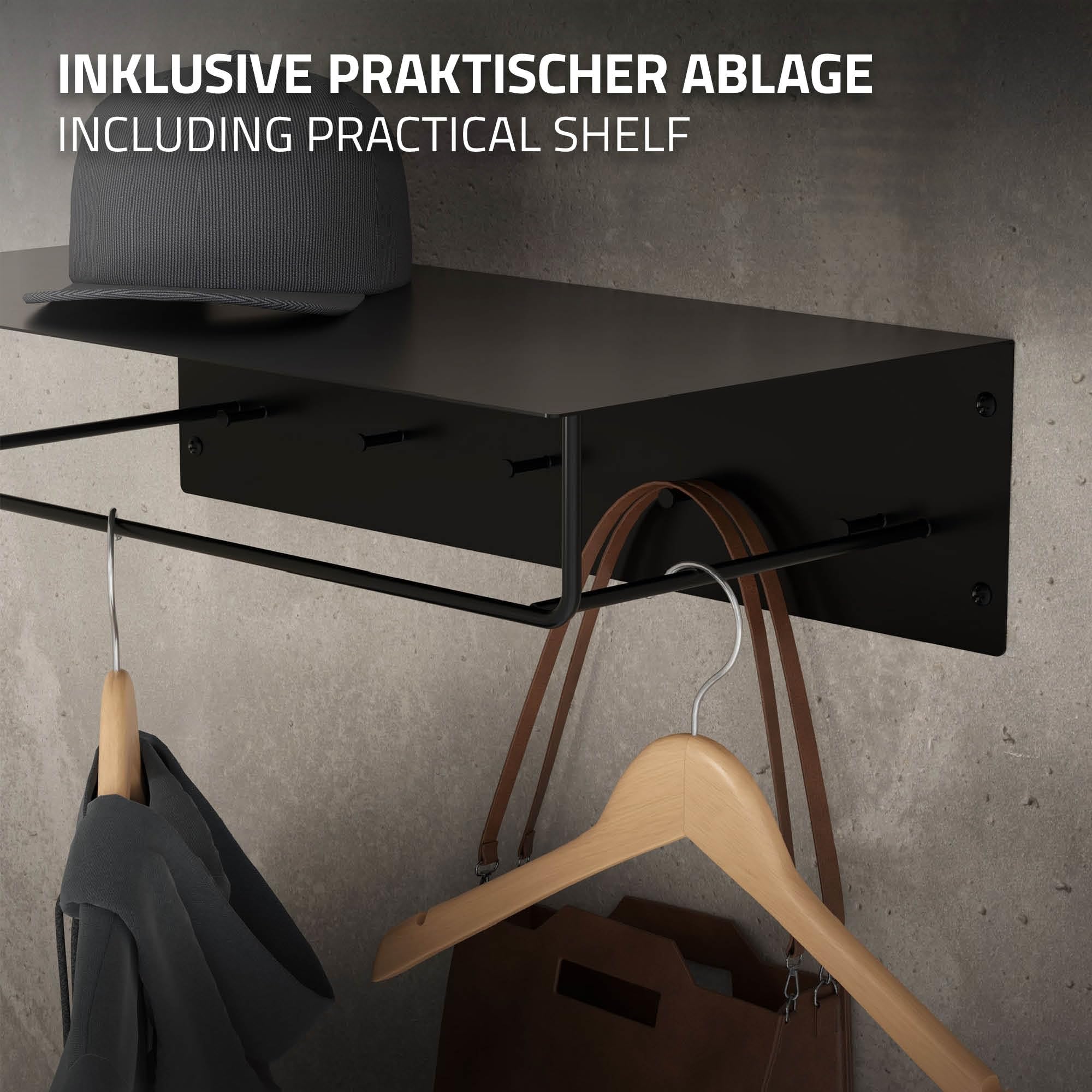ML-Design Set 3X Percheros de Pared con Barra de Colgar y Estante Flotante para Sombreros 60x30x15 cm Negro Metálico Vestidor o Armario de Pasillo Panel Colgante de Entrada para Chaquetas y Abrigos