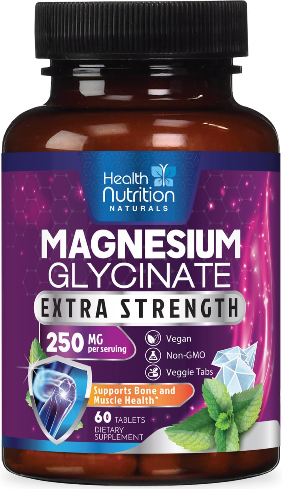 Magnesium Glycinate 250mg Per Serving - 100% Chelated Magnesium for Max Absorption - Sleep Support, Muscle, Nerves, Bone & Heart Health Support Supplement, Non-GMO Vegan - Bottled USA - 60 Tablets