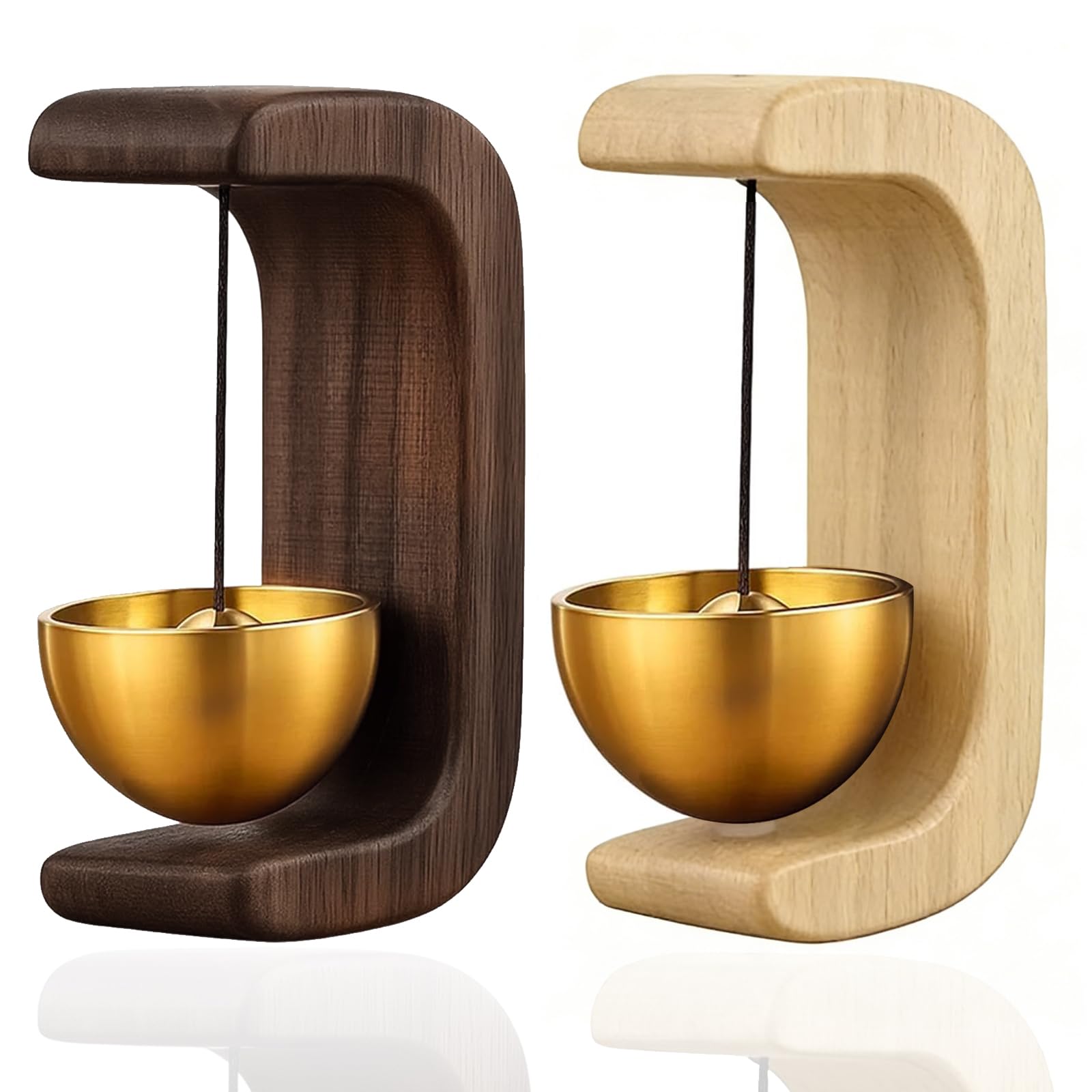 2-Pack Door Bells, Wood Shopkeepers Bells for Opening, C-Shape Wooden & Brass Jingle Bells with Self-Adhesive Tape, Easy Install Vintage Hanging Doorbell for Business Shop Home Entrance