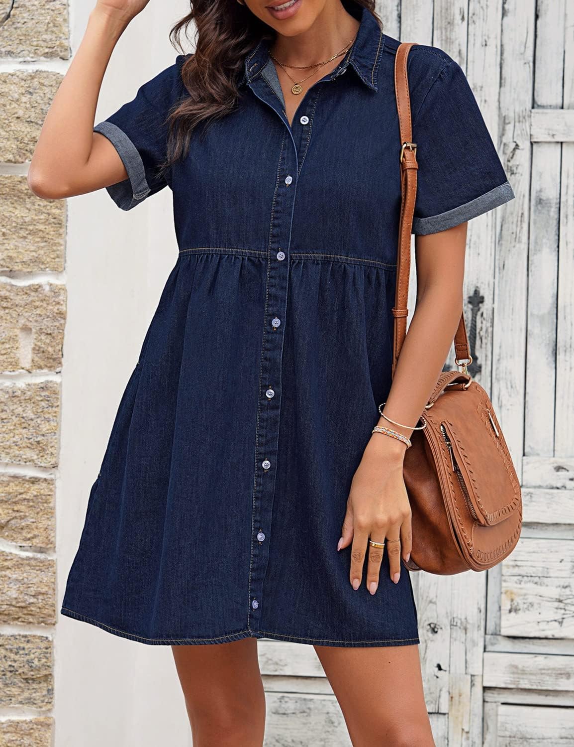 LookbookStore Women's Short Sleeve Button Down Flowy Tiered Babydoll Denim Dress - Image 3