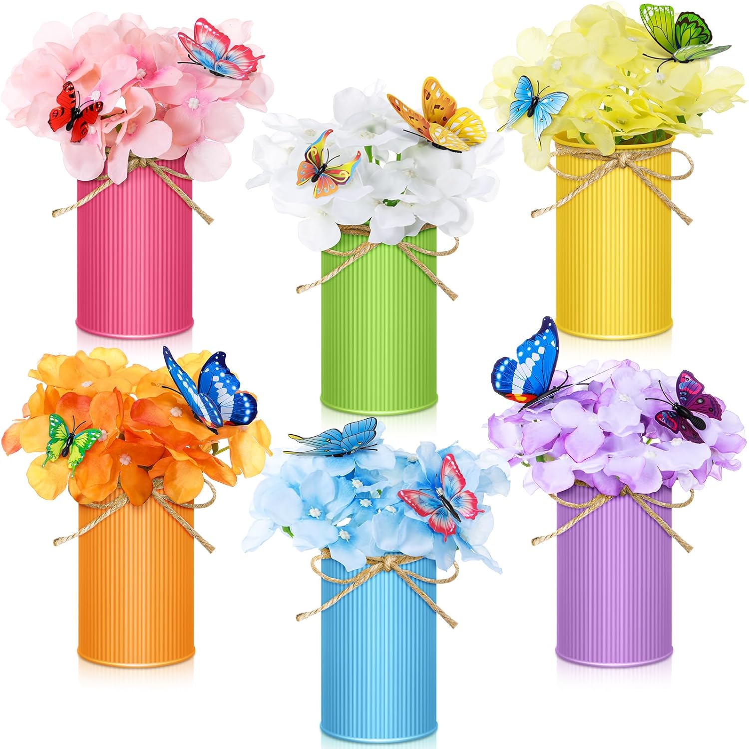 Mimorou 6 Sets Easter Centerpieces for Tables Flower Table Centerpieces Artificial Hydrangea Flowers with Metal Pots and 3D Butterflies for Home Office Table Decor(Colorful Pot)