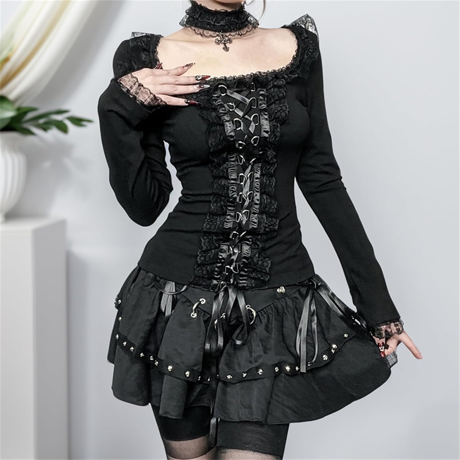 Goth Top T Shirt Women Punk Long Sleeve Square Neck Lace-Up Vintage Cute Y2k Grunge Emo