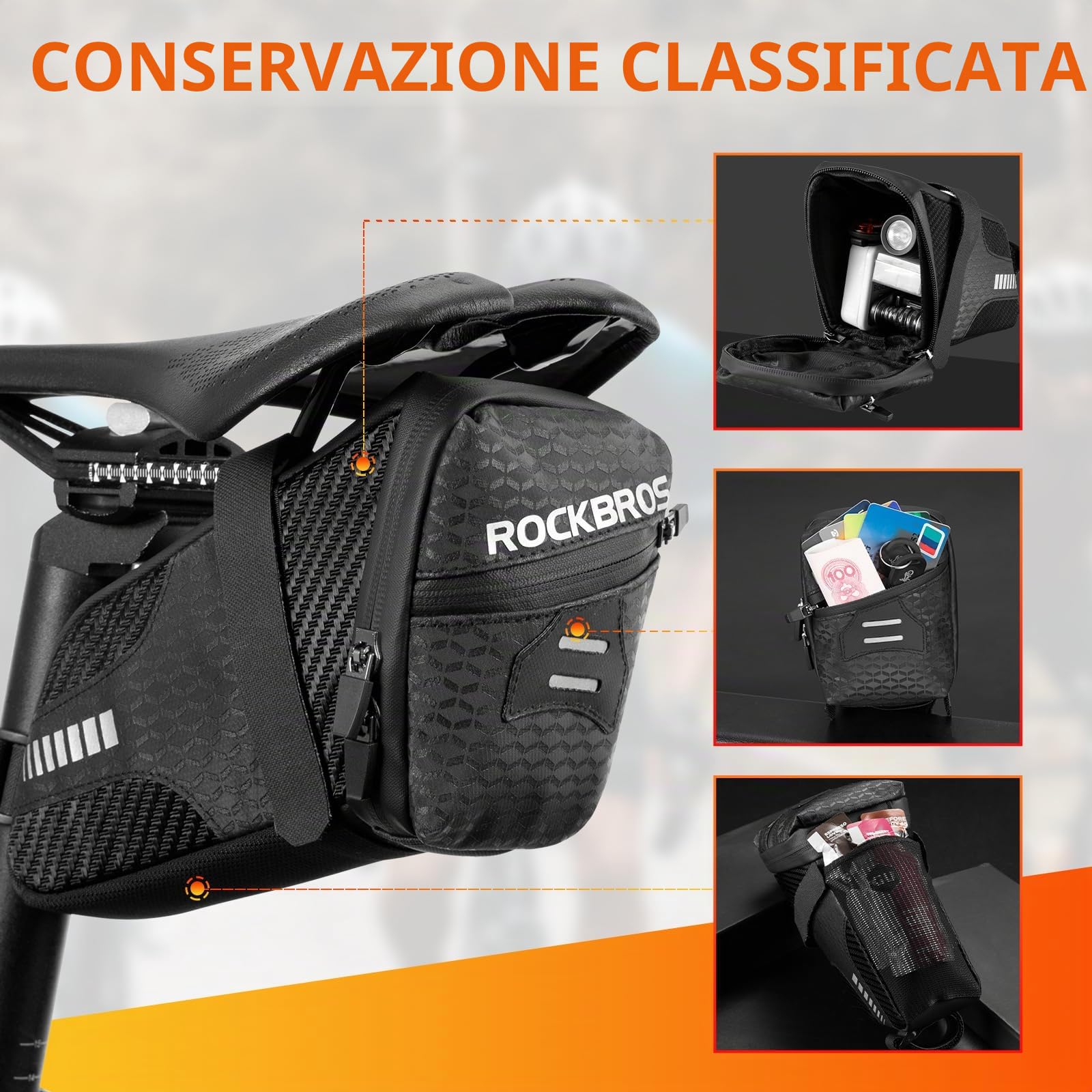 ROCKBROS Borsa Bici Sella Bicicletta Borsa Sottosella per Bici MTB Installazione Facile Catarifrangente Grande Capacità 1.5L Ultra-Leggero