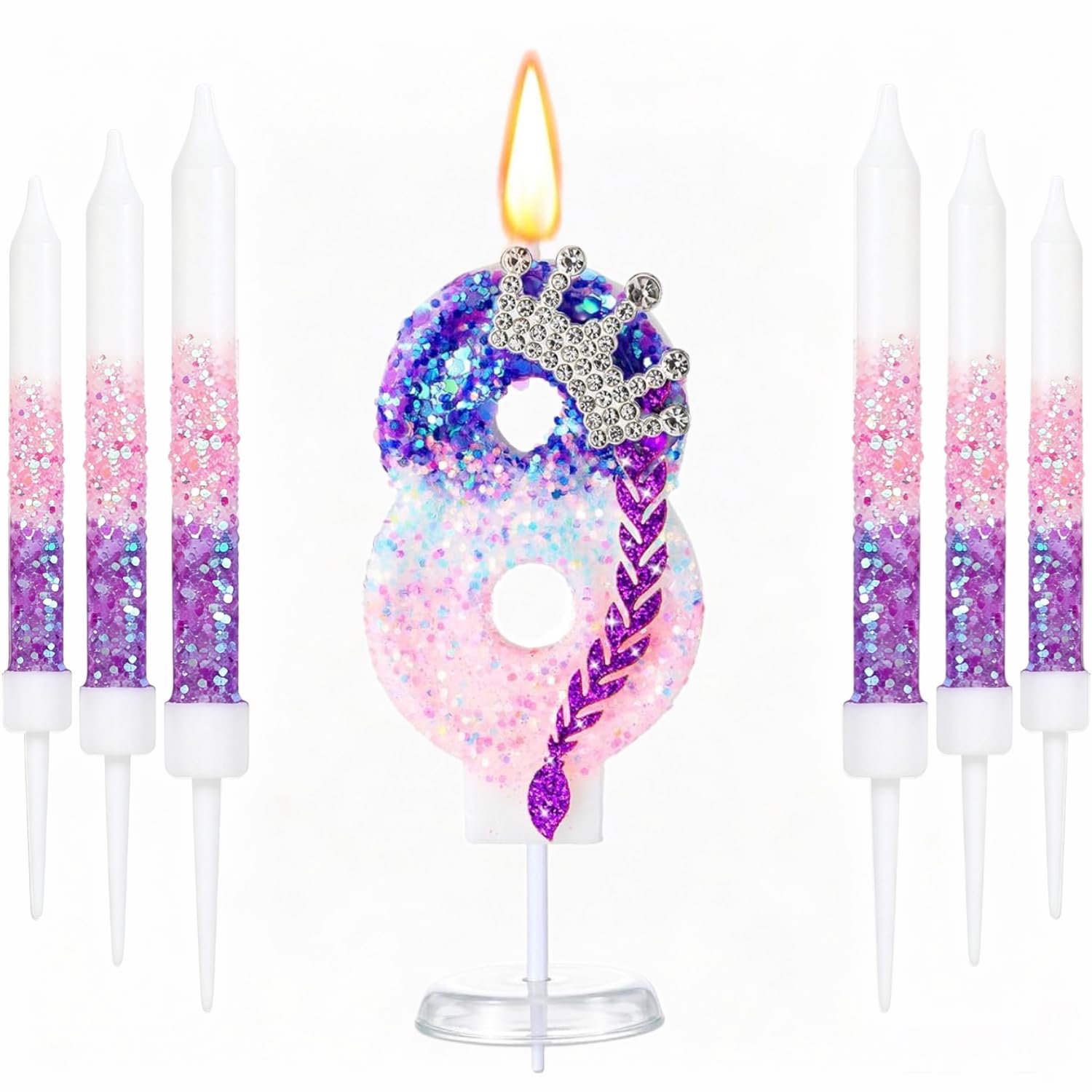 K pop 8th Birthday Candle, Purple Pink Number 8 Candle with 6 Pcs Long Candles for Girls Cake Topper Cupcake Decor Party Decoration Anniversary Celebrations Supplies (Age-8) — image 1
