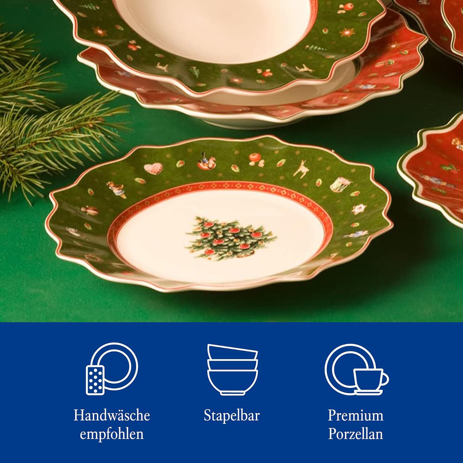 Villeroy & Boch Toy's Delight Lot de 6 assiettes à petit-déjeuner, 24 cm, vaisselle de Noël, assiettes à biscuits et à biscuits pour Noël, en porcelaine de qualité supérieure, vertes
