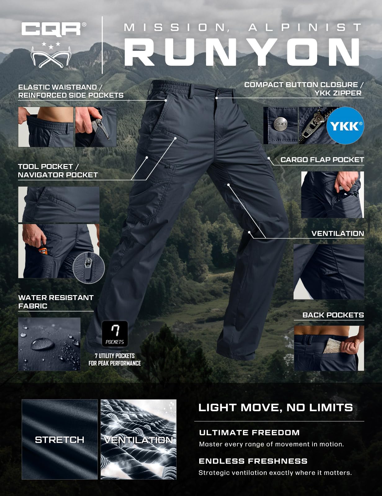 CQR Men's Quick Dry Tactical Pants, Water Resistant Outdoor Pants, Lightweight Stretch Cargo Work Hiking Pants — view 9