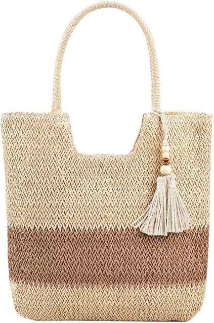 DKIIL NOIYB Straw Bag Beach Bags for Women, Summer Woven Tote Bag Straw Beach Bag With Tassels Large Straw Handbags with Zip Straw Tote Bag for Holiday Bags