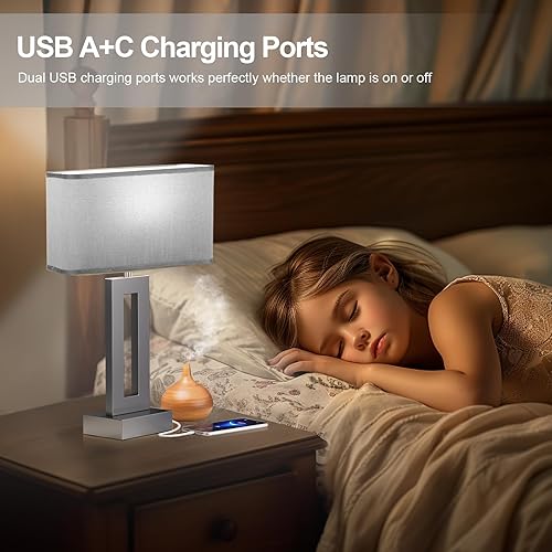 Miniatura 6 de Seealle Juego de 2 lámparas de mesa para dormitorio, lámparas táctiles grises con USB C+A, lámpara dorada regulable de 3 vías para mesita de noche,