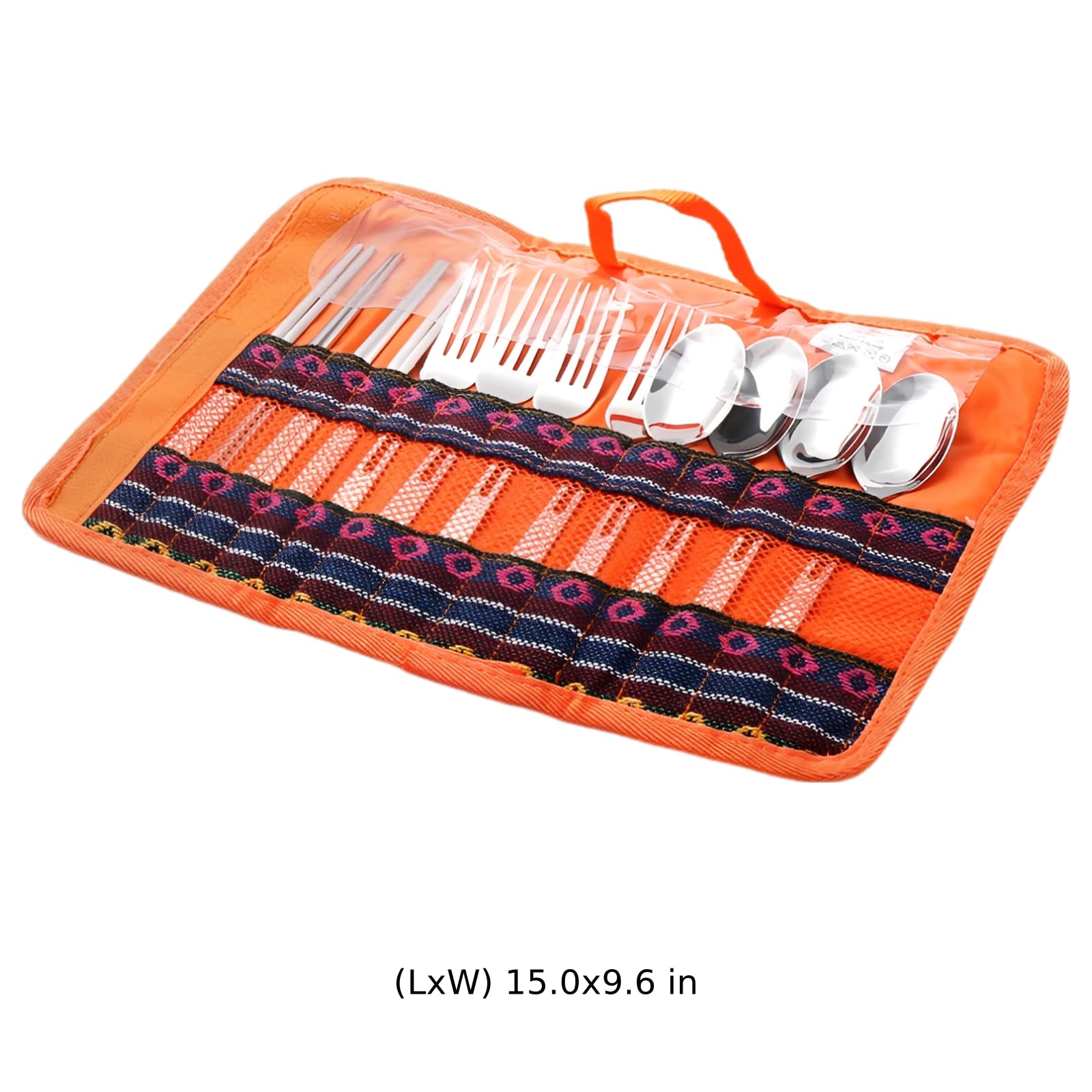 4-Personen Outdoor-Besteckset, tragbares Camping-Besteck aus Edelstahl, mit Gabeln, Löffeln und Essstäbchen, Roll-up Reise- und Picknicktasche im Ethno-Stil, kompakt, 90 x 245 mm, für BBQ und Wandern