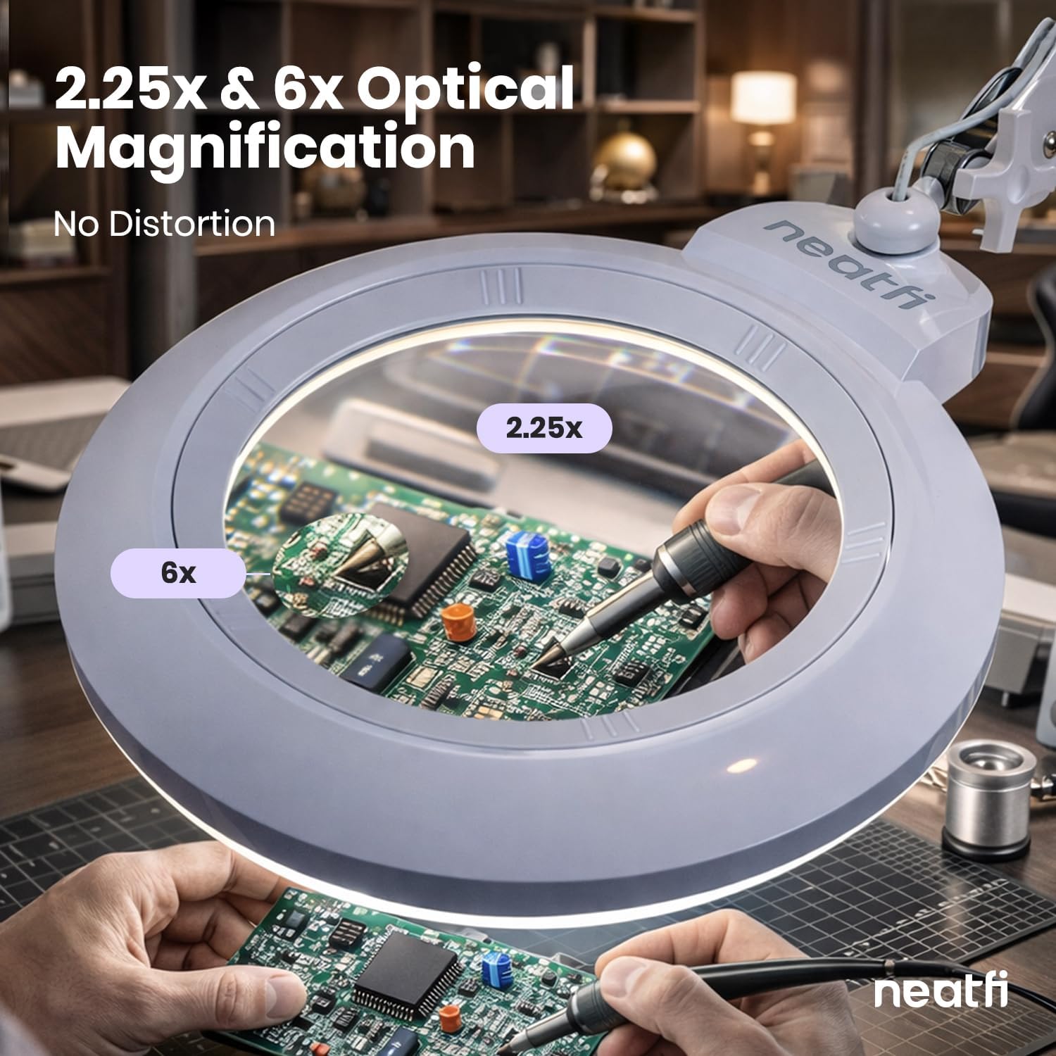 Neatfi XL Bifocal LED Magnifying Lamp, 7” Acrylic Lens, 2.25X/6X Magnification, 1,600 Lumens Dimmable | Adjustable Arm, Hands-Free Close Work | Crafting, Jewelry & Reading (White, with Clamp)