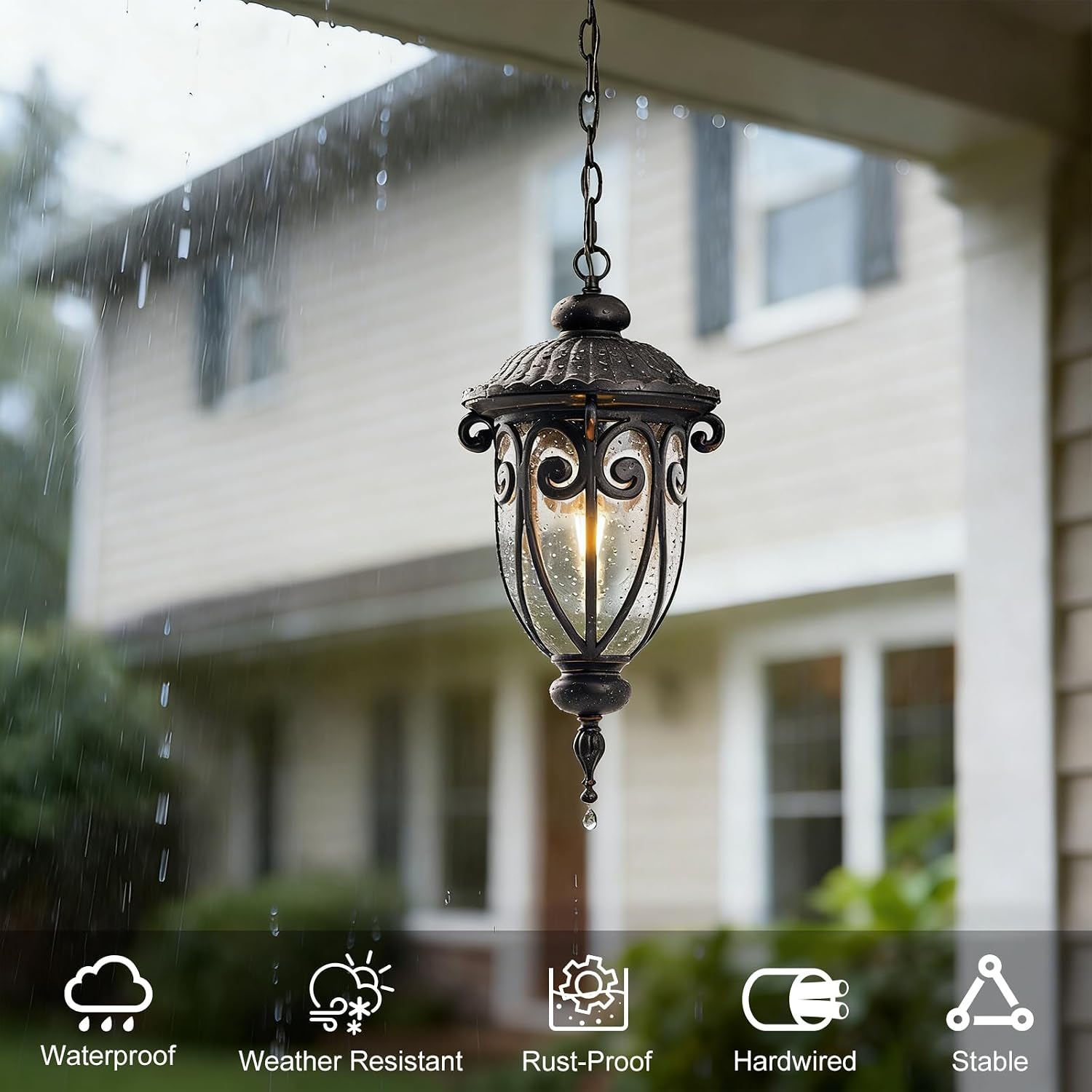 Vintage Bronze Outdoor Pendant Lights for Porch, 20 1/2" High Exterior Hanging Light Fixture with Adjustable Chain, Outside Ceiling Lantern with Seeded Glass for Patio, Entryway image 3
